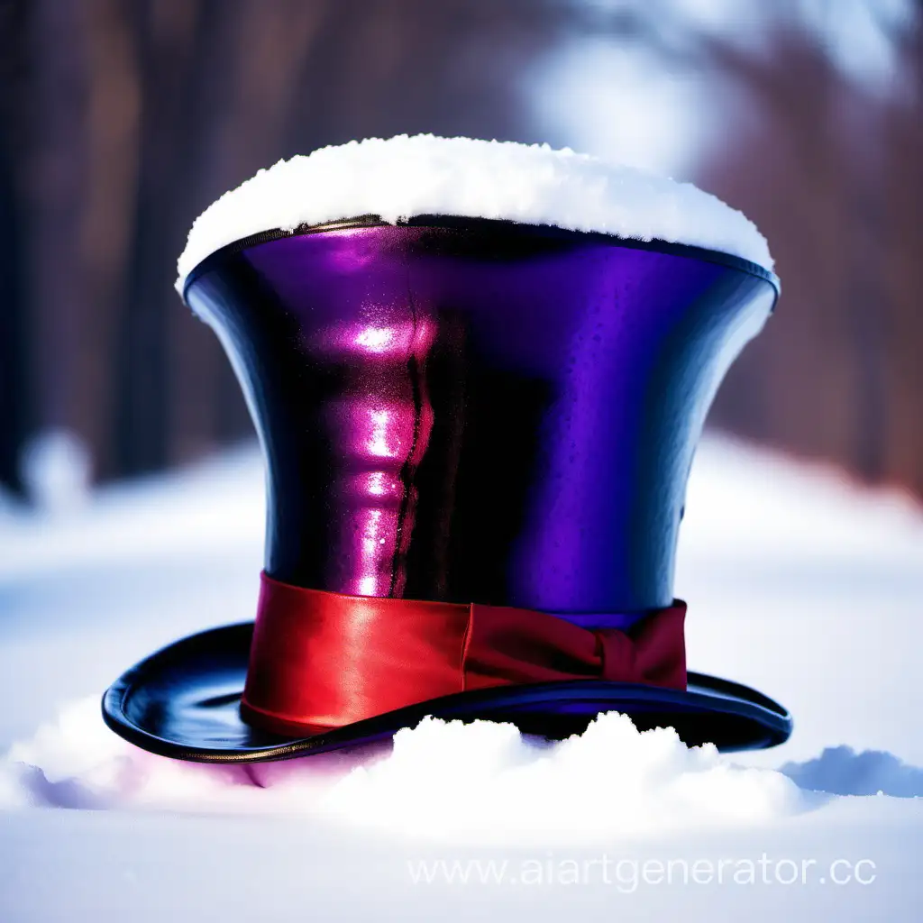 upside down Shiny mostly black purple and red tophat filled with snow in the winter