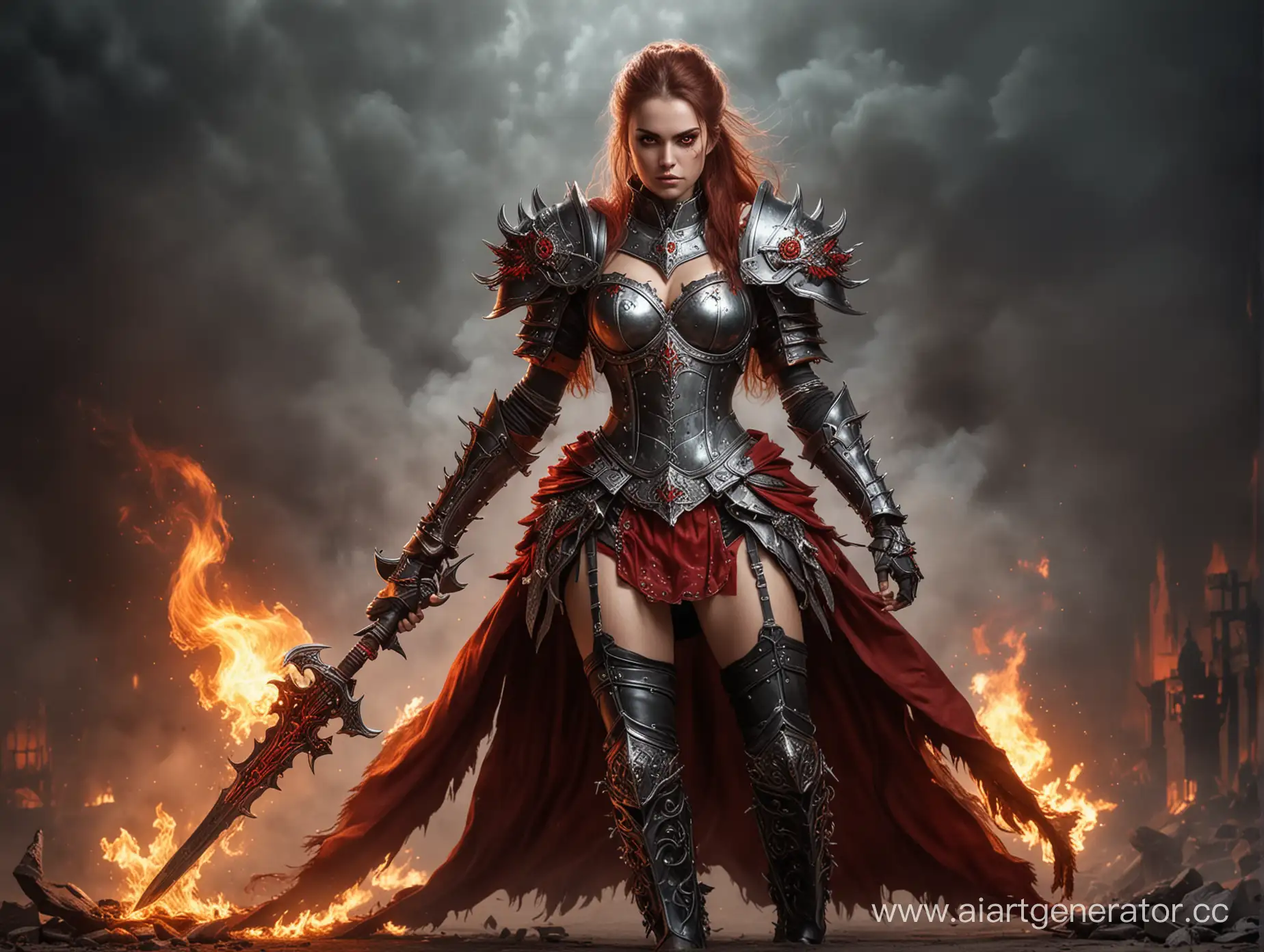 Женщина Archaon  25 лет. Warhammer Fantasy Battle. Одета в стальные доспехи и пышную юбку по колено. Туфли на шпильке и колготки. Глаза пылают красным пламенем.