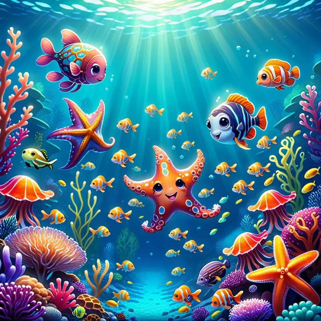 **Unterwasserfreunde**: Eine niedliche Gruppe von Meerestieren - Fisch, Seestern, Krake und Seepferdchen - erkundet gemeinsam das farbenfrohe Riff und trifft dabei auf exotische Meeresbewohner, während sie versuchen, einen verborgenen Schatz zu finden. im kawaii style