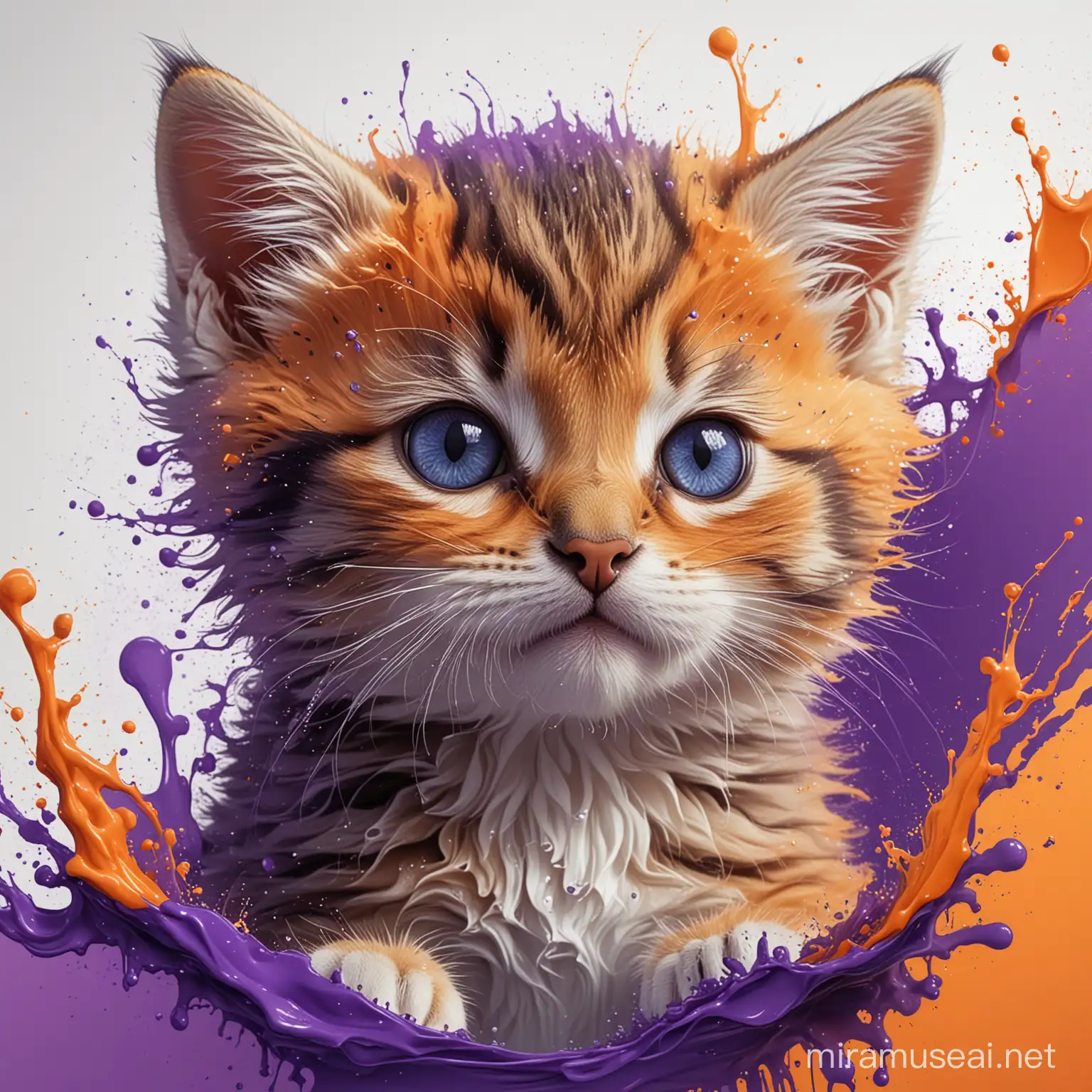 (a cute kitten), Hyperdetailed Eyes, Tee-Shirt Design, Line Art, vibrant dark orange and purple gradient, Ultra Detailed Artistic, Detailed Gorgeous Face, Natural Skin, Water Splash, Color Splash Art, Fire and Ice, Splatter