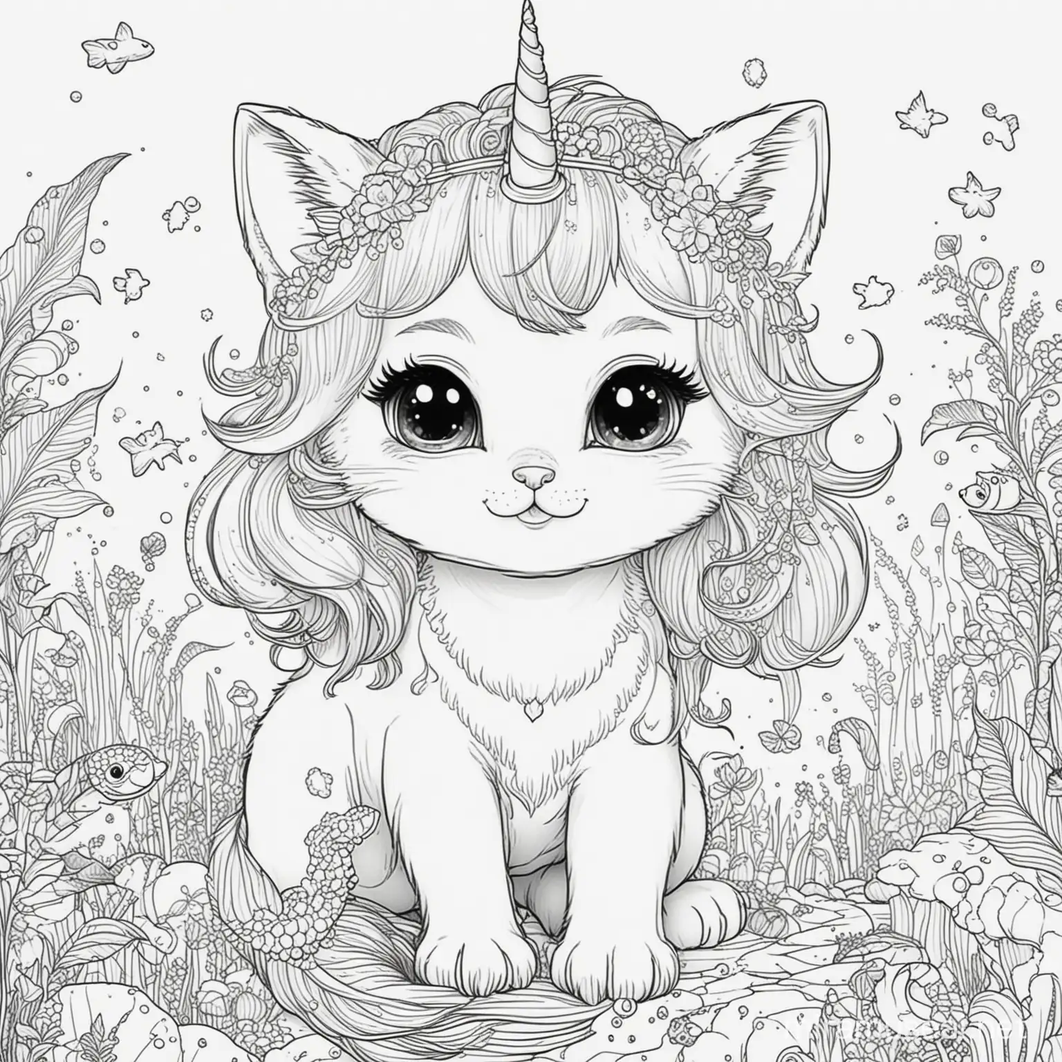 black and white coloring page for kids cartoon style cute kitten with mermaid and unicorn features --ar 4:5
