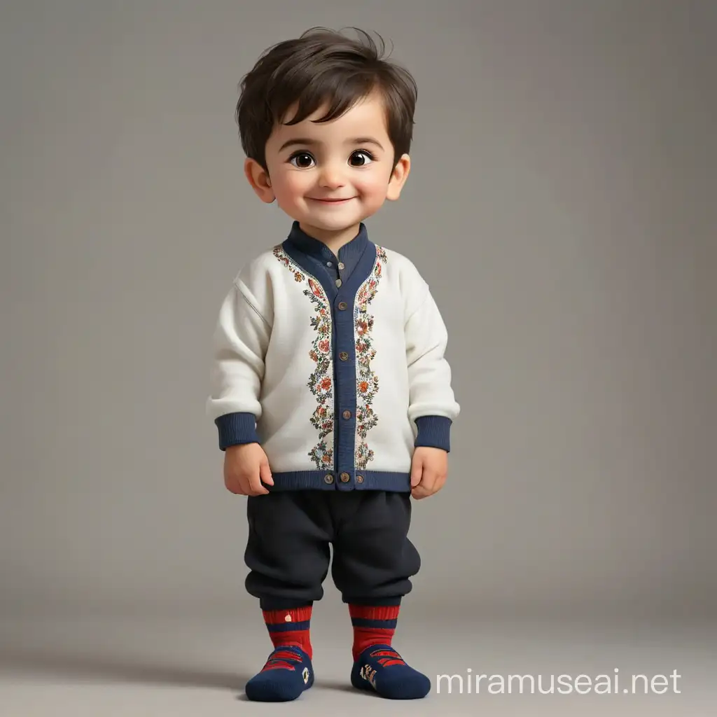 Persian little boy(full height, white skin, cute, smiling, baby face, bigger nose, smaller eyes, wearing socks, clothes full of Persian designs).