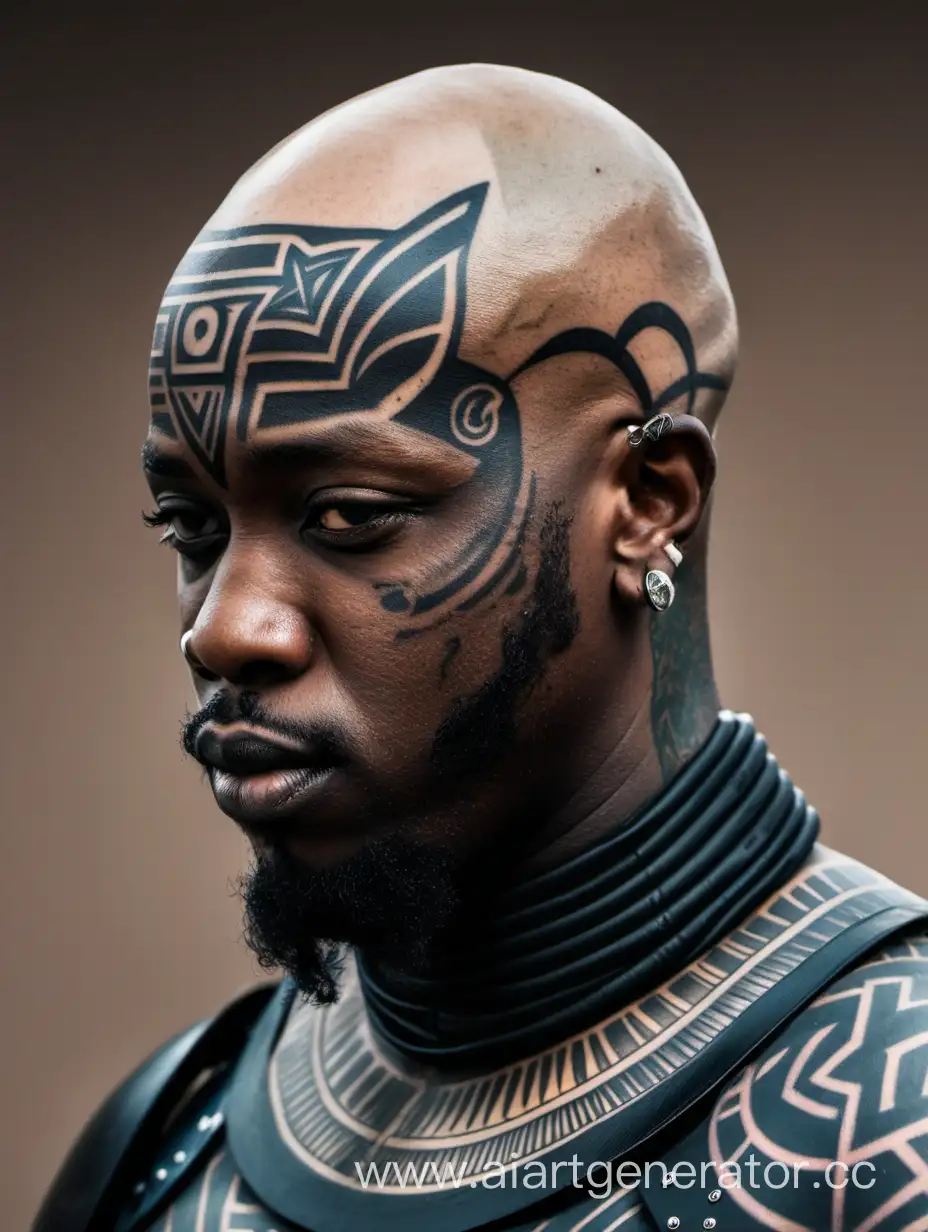 Лысый африканский мужчина с татуировками на голове в черных доспехах