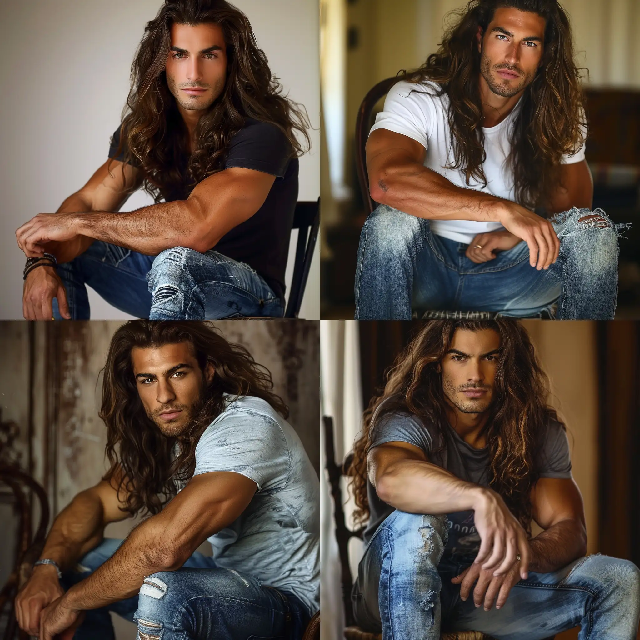 tall Greek man, muscular build, dark brown
 eyes, long wavy brown hair, jeans and t-shirt
, sitting on a chair

