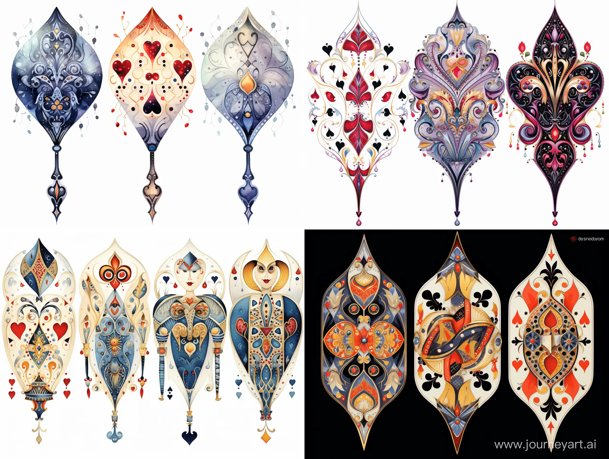 Four variants of the patterned ancient ornament, in the form of suits of spades, clubs, diamonds, hearts, fabulous illustration, stylized caricature, Victor Ngai, watercolor, decorative, flat drawing.
