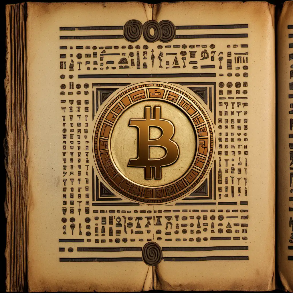 Antique Book with Bitcoin and Hieroglyphs Enigmatic Blend of Old and New Wealth