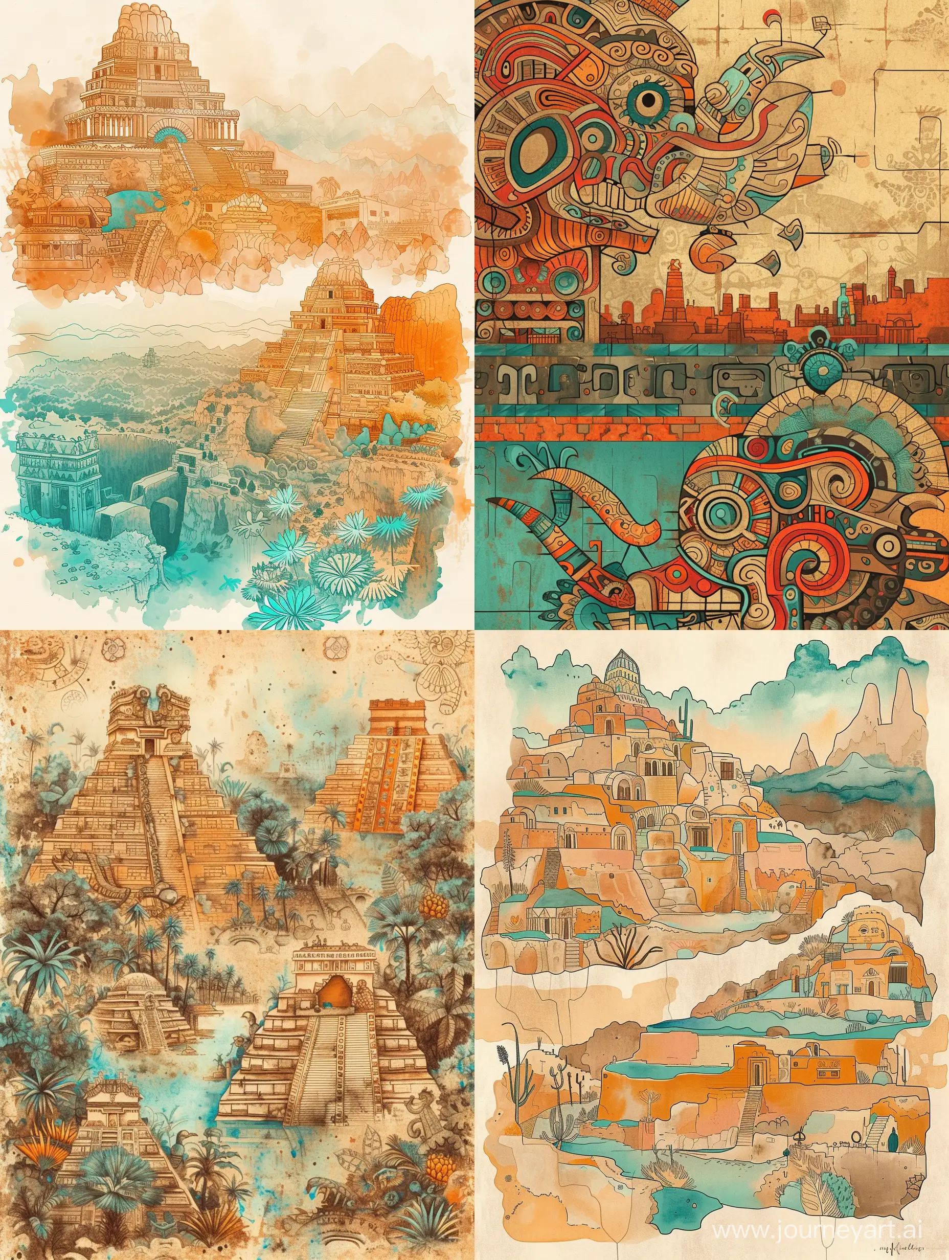 Two variants of the ornamental background, the landscape of the ancient civilization of Mexico, in the old style, delicate, transparent colors, linear, many details, colors of ochre, orange, turquoise, light brown, blue, stylized caricature, watercolor, decorative, flat drawing