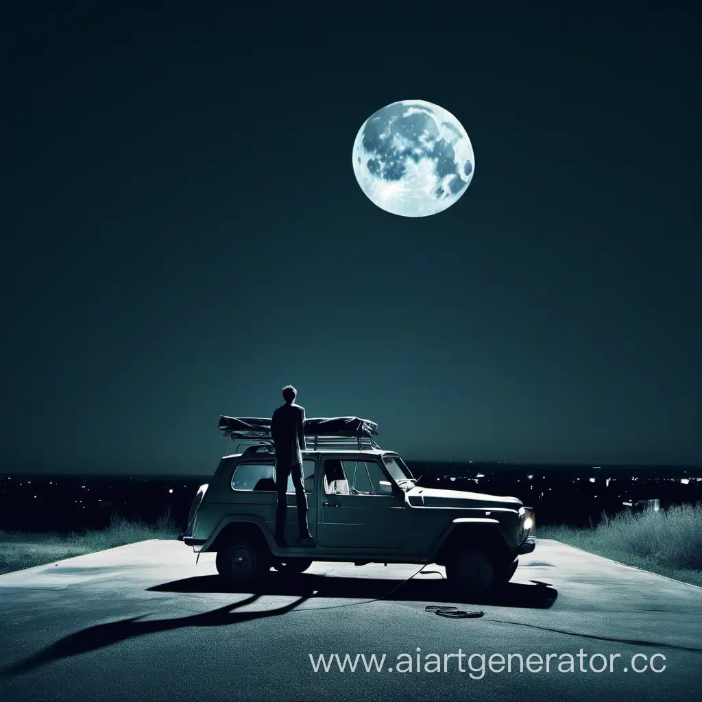 Man-Standing-on-Car-Roof-Beneath-Moonlight