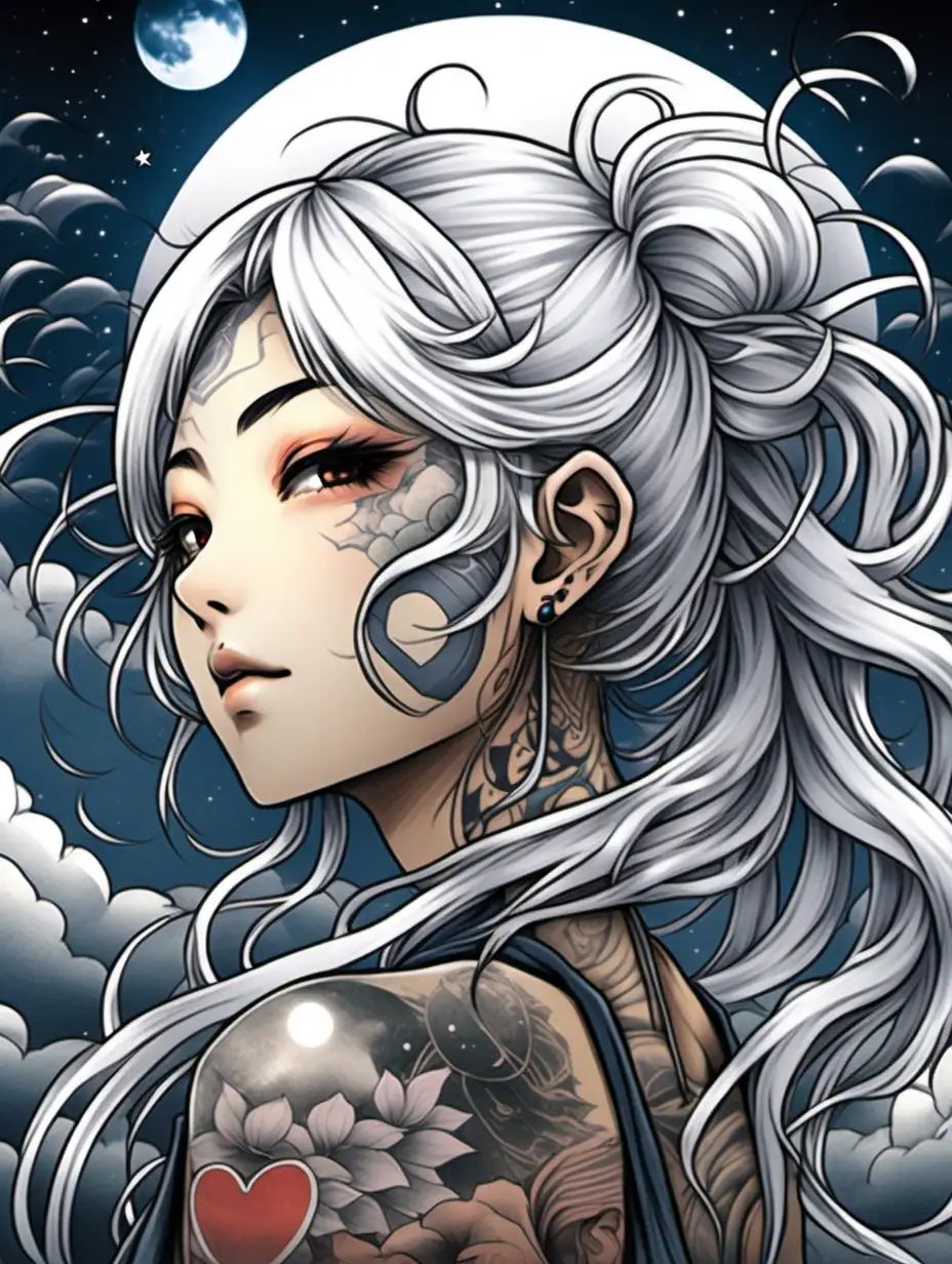 Mystical Anime Girl with Silver Hair and Moonlit Sky