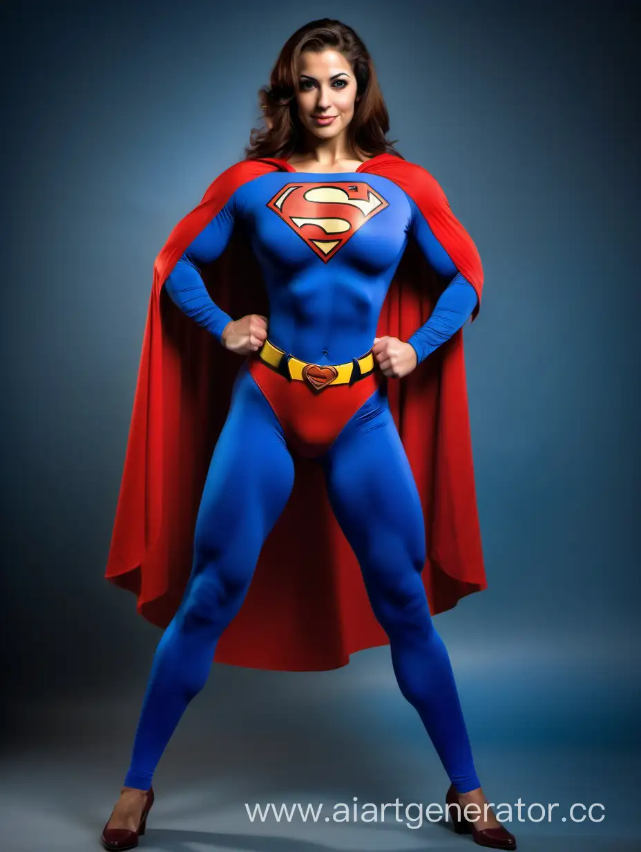 A gorgeous Middle Eastern woman with brown hair. Age 30. She has enormous super muscles throughout her body. She is flexing her enormous muscles. She is happy and powerful. She is wearing the classic Superman costume from "Superman The Movie", with blue spandex leggings, long blue sleeves, red briefs, and a cape. The symbol on her chest has no black outlines. She is posed like a superhero: strong and powerful