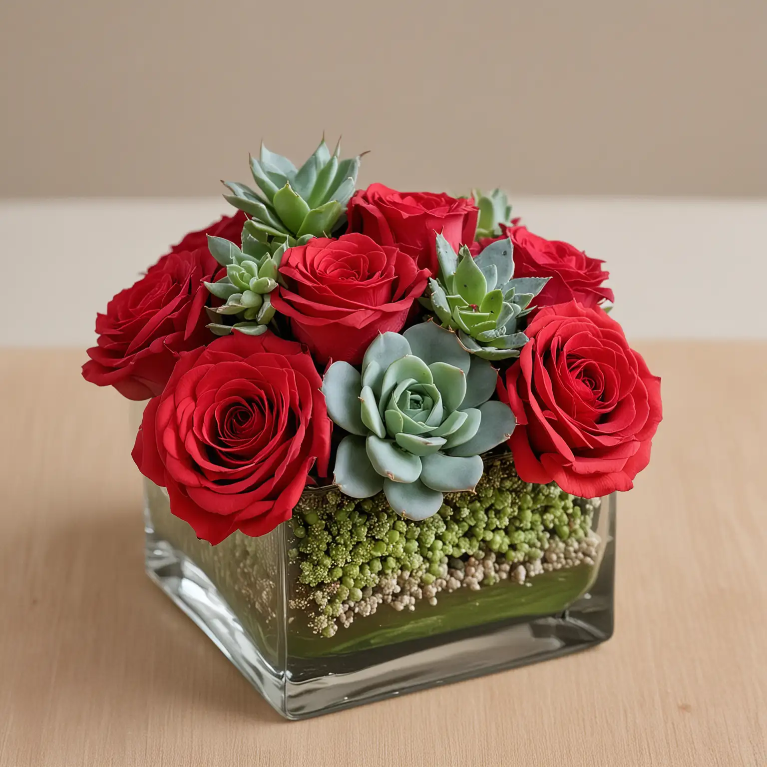 a wedding centerpiece with a small square vase with succulents with and red roses