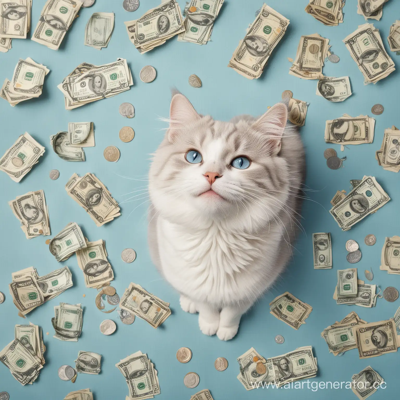 cat, smiling, money, spring mood, background color is blue #91D0FA