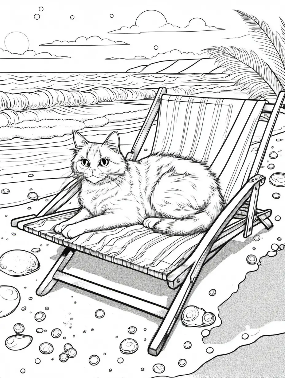 colouring page of A content Ragamuffin cat lounging on a beach, with sparkling waters.

