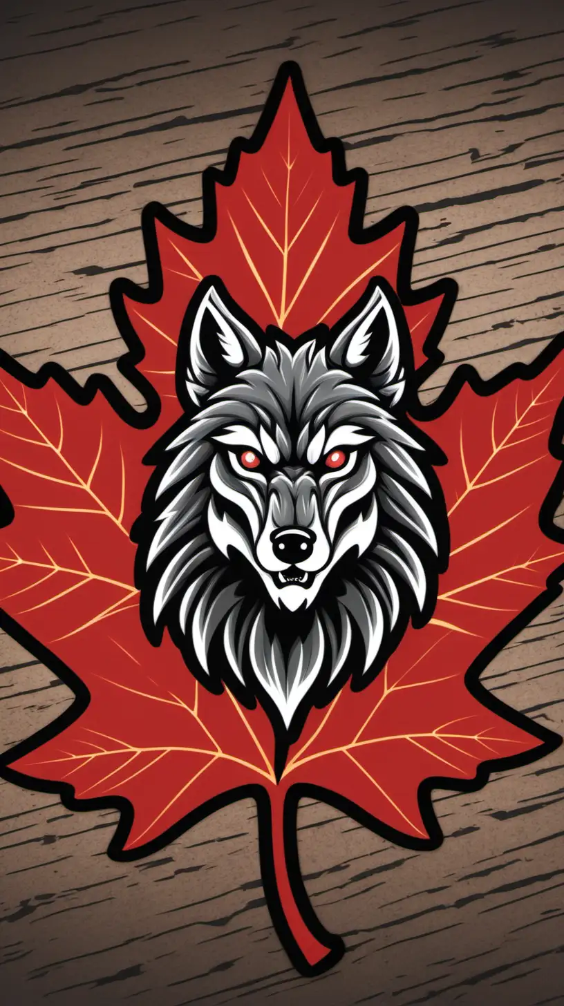 Fierce Wolf Emblem on Maple Leaf Powerful Symbol of Strength and Independence