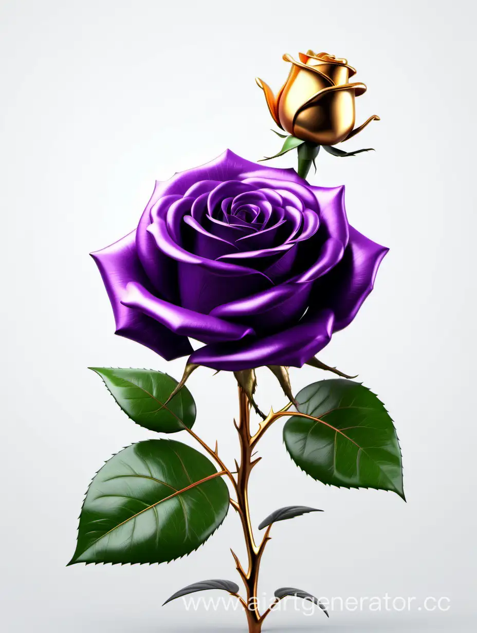realistic purple and gold rose 8k hd with fresh lush 2 green leaves on white background