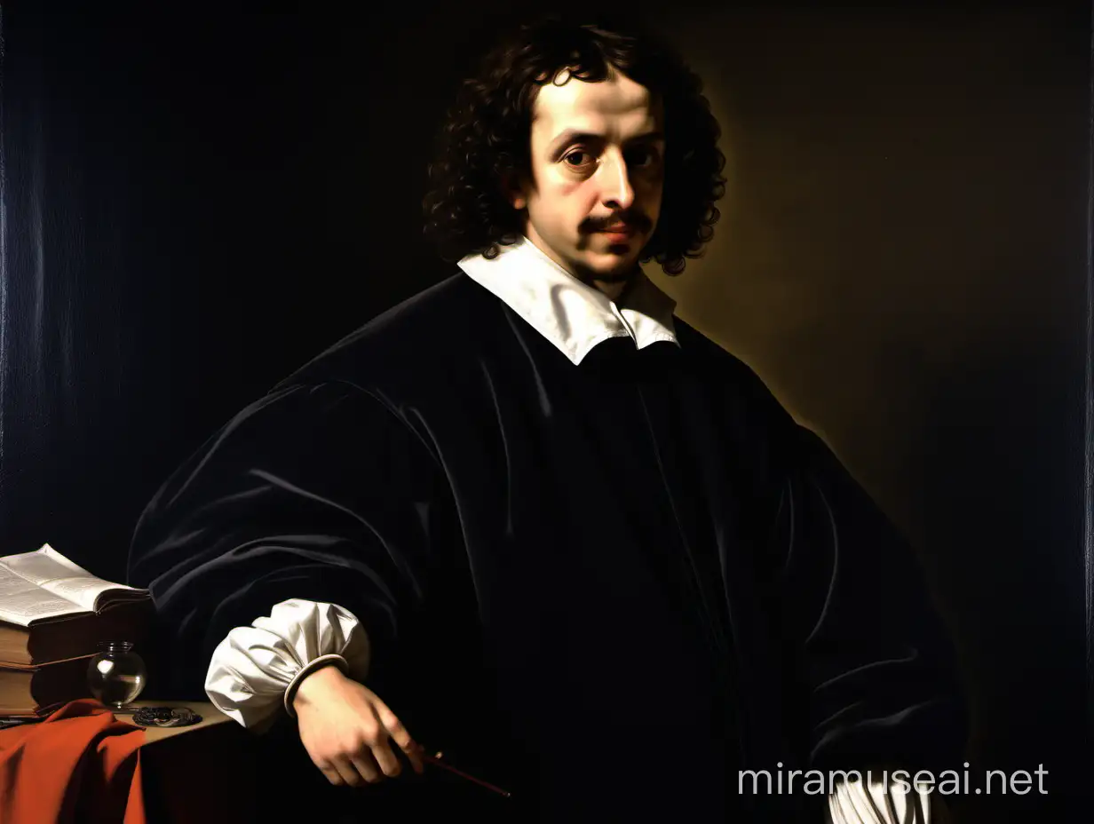 Please make a portrait of the mathematician Louis Bachelier in the italian clothing from 1600s in an italian setting from 1600s, in the style of Caravaggio.
