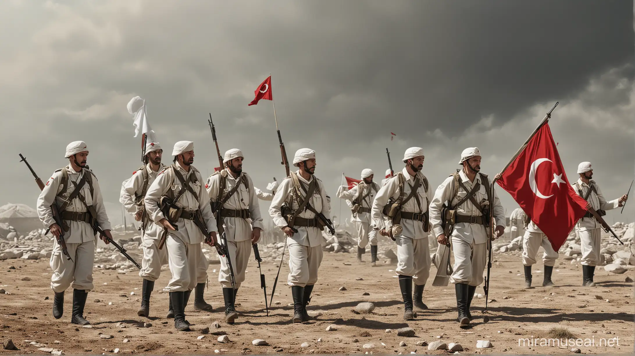 Turkish soldiers, dressed as soldiers, Turkish soldiers surrend. One of them carry a white flag, 21st century, hyperrealist, cinematographic