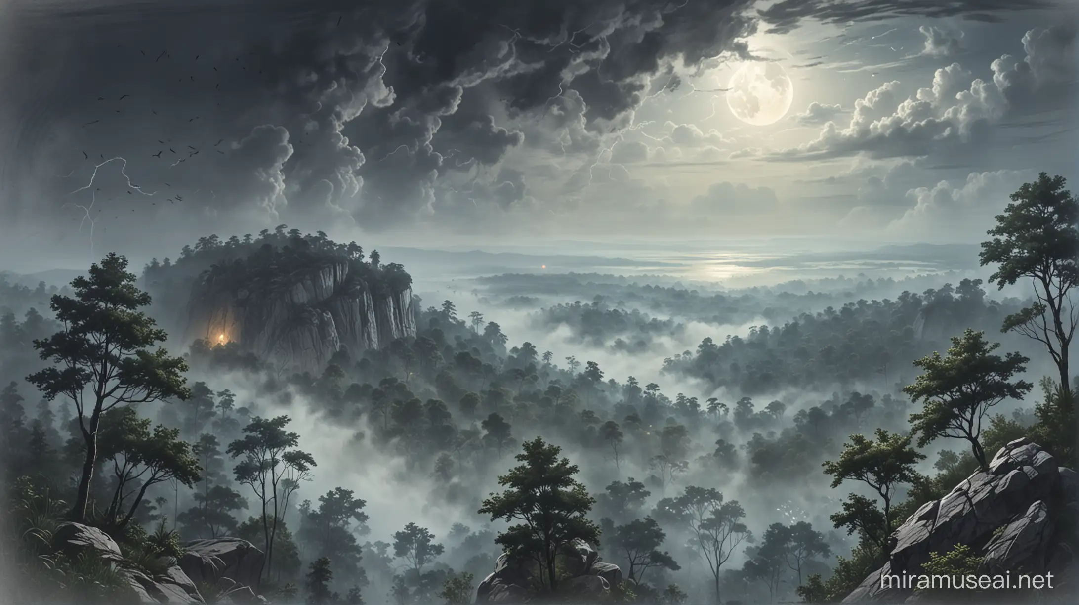 sketch. A view from the top of a cliff is a dense indian forest covered in fog. Thunder and lightning and the moon in the distance.