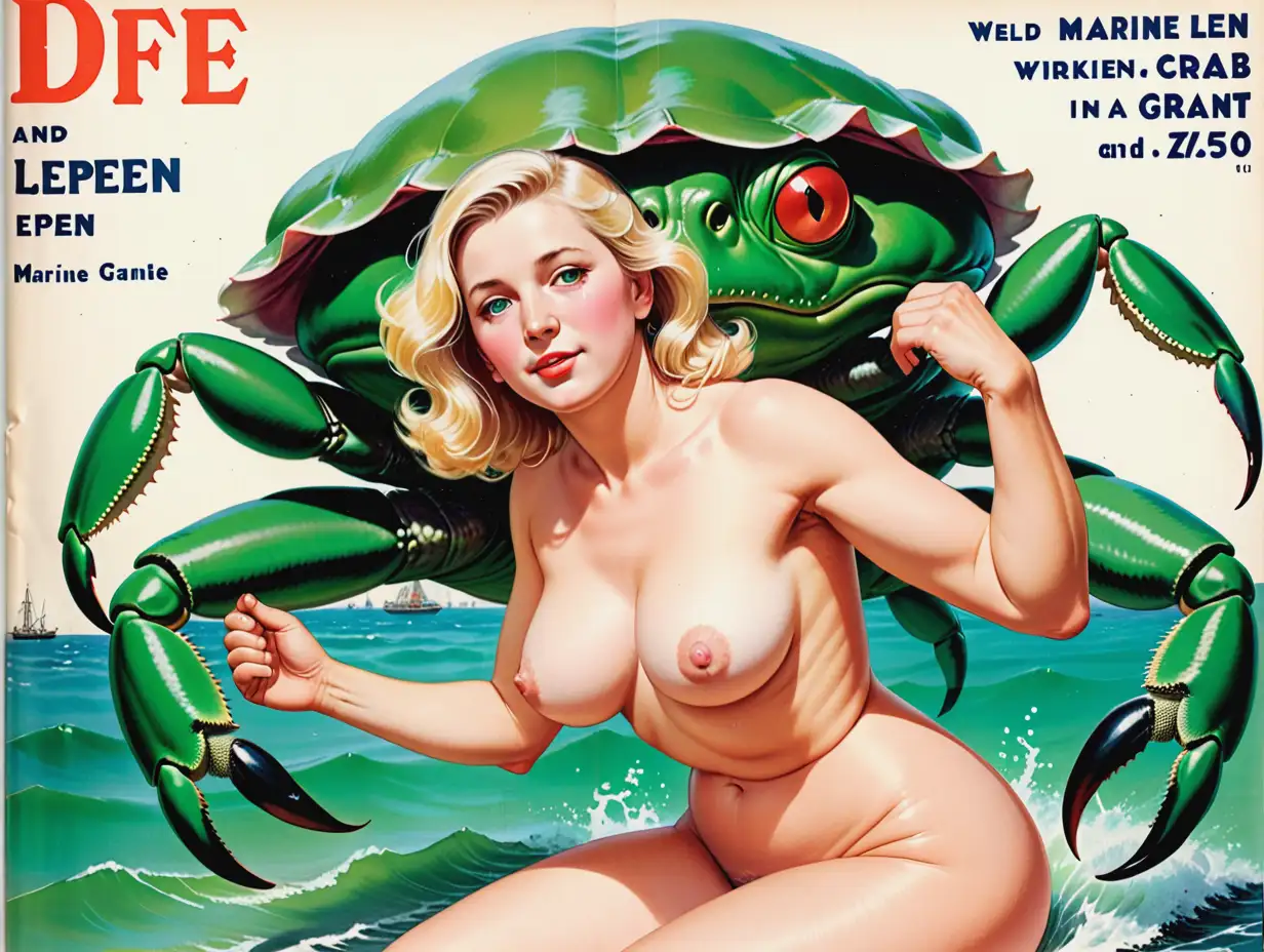 vieille Marine Lepen ridée et nue saisie dans la pince d'un crabe vert  géant ;  couverture d'un fanzine 1950. couleurs très vives