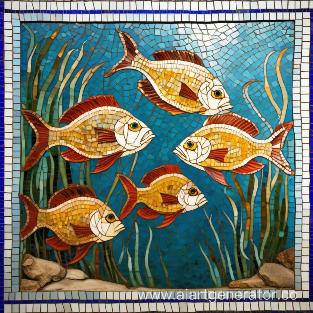 семья рыб на дне панно картина из мозайки