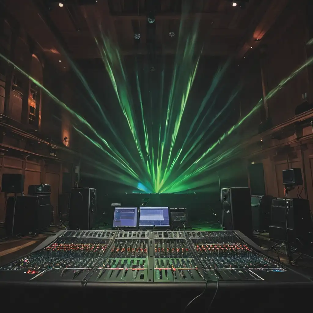 northern light, speakers floating, live sound mixer, mic.