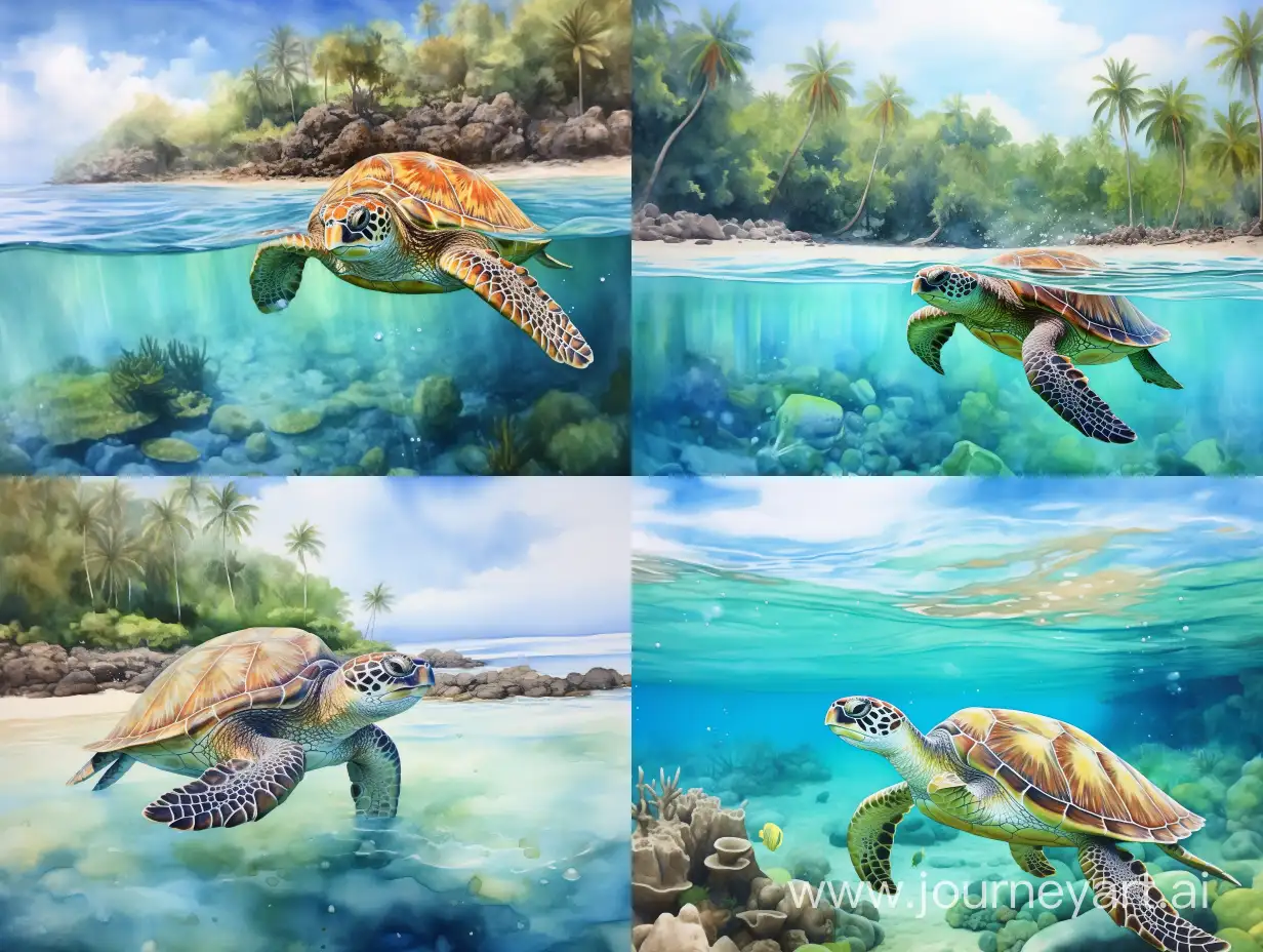 A high quality realistic aquarelle painting on a sea background of Martinique turtle style
