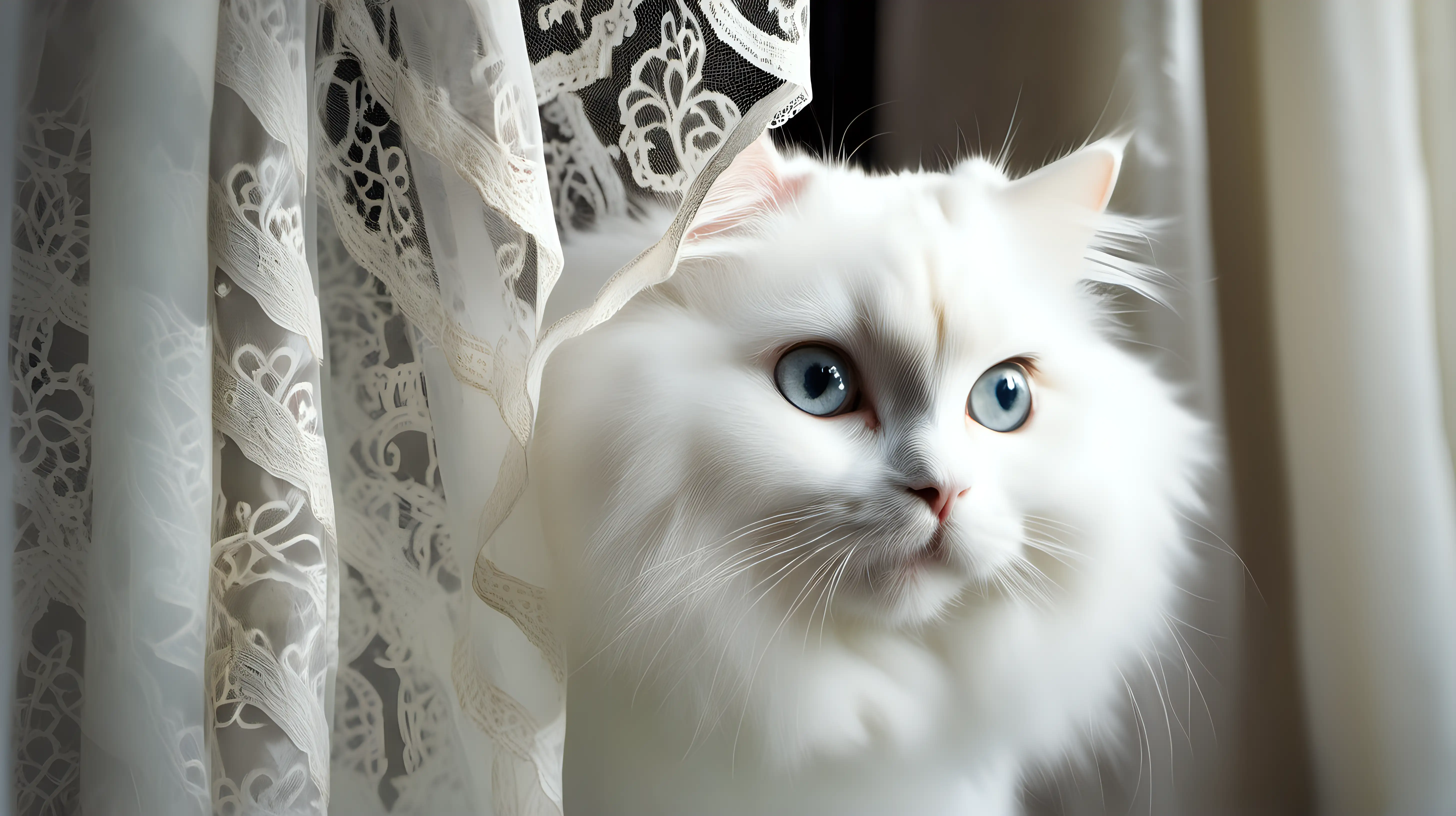 A fluffy white cat peering out from underneath a lace curtain, its large eyes sparkling with innocence.