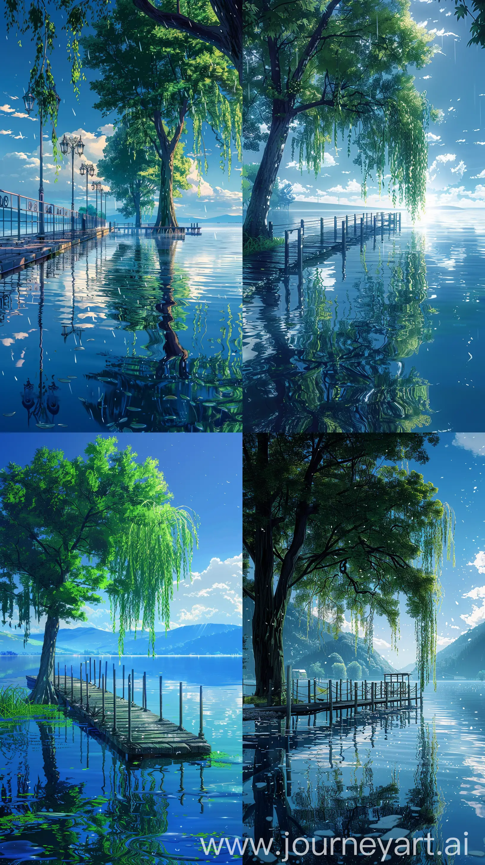 Beautiful anime scenary, mokoto shinkai style, High quality glassy reflection of day time hévíz lake, tranquil crystal clear water, wet pier, willow tree beside pier, morning time light blue sky, mesmerizing scane, verious scenary, mokoto shinkai style, ultra HD, high quality, 4k hd picture, sharp and smooth details, no hyperrealistic --ar 9:16 --s 400