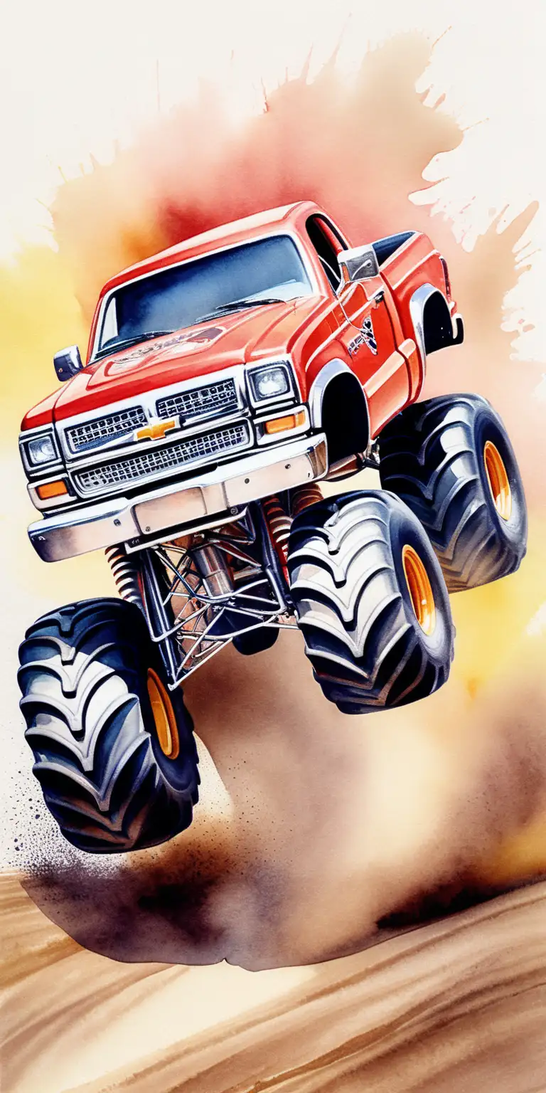 monster truck show, akvarel styl, reálná ilustrace