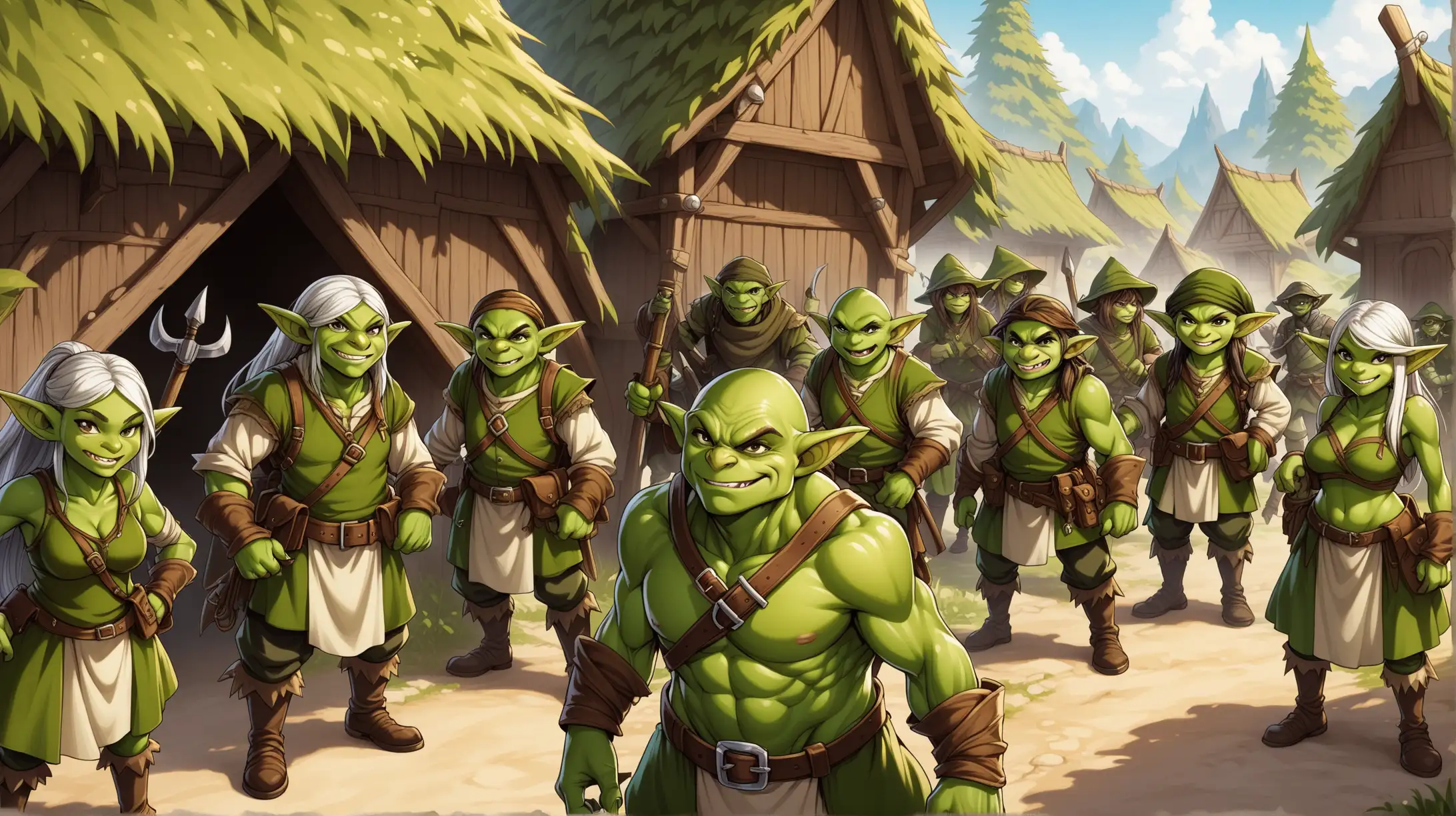 Medieval Fantasy Tribe of Olive Green Goblin Rogues and Rangers in Their Village