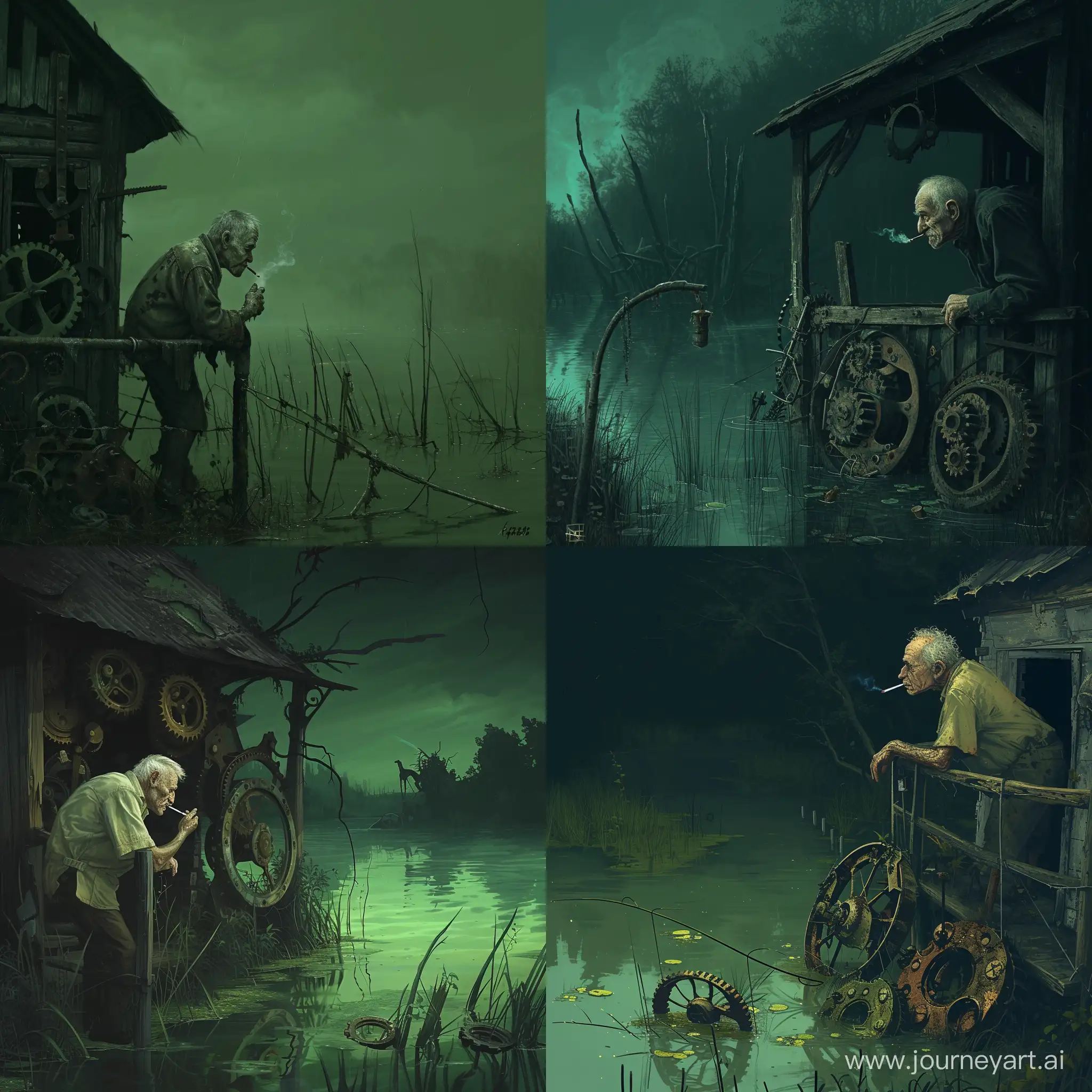 Old grandpa is standing on the porch of a small old hut leaning on a fence and smoking a cigarette, with a sad face looking at the gears and old abandoned mechanisms slightly peeking out of the water in the swamp, swampy area, dark green gloomy, realism, night there is no light