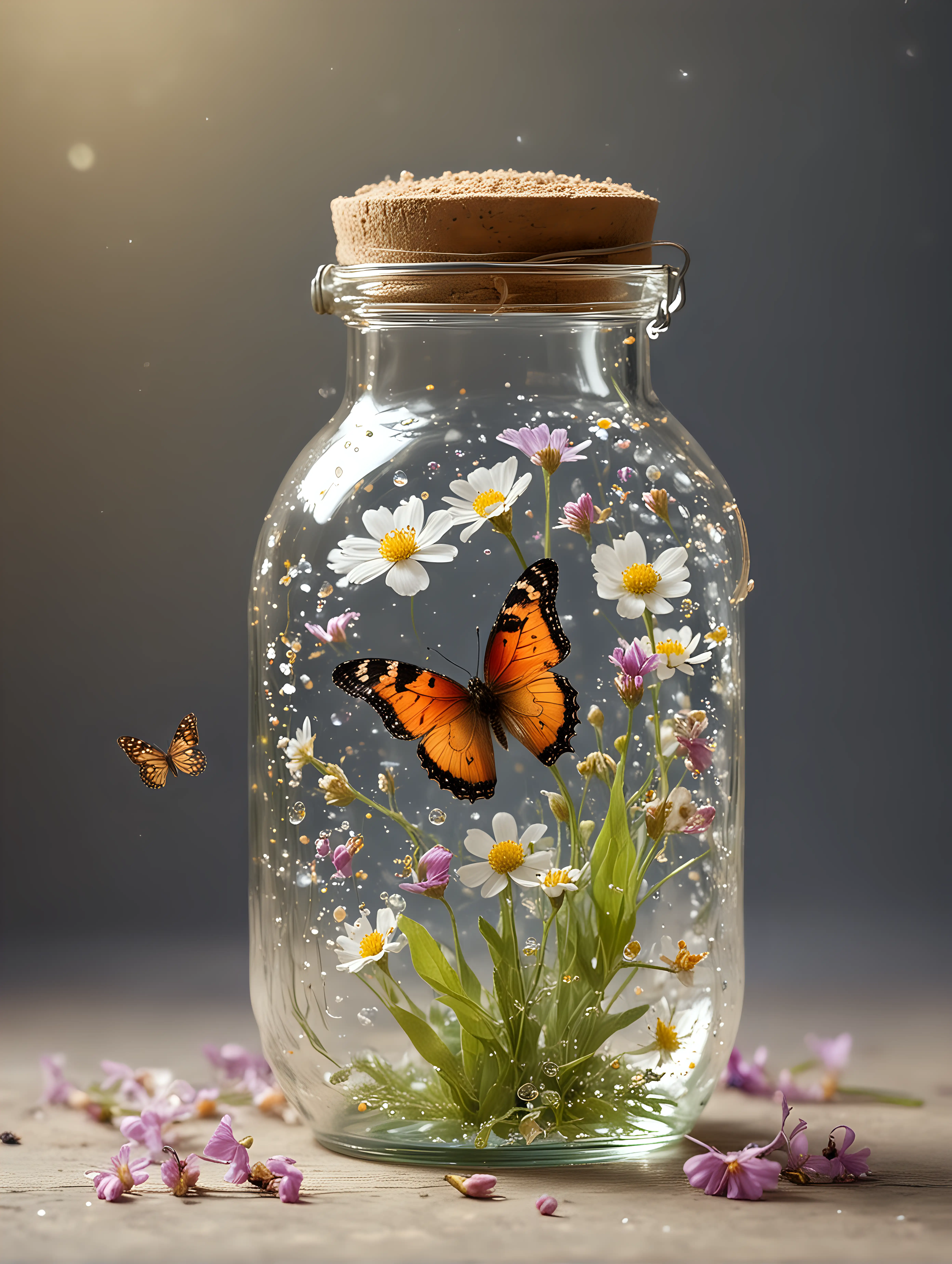 little glass jar looking alchymistic and spreading magical butterflie and sparkling flowers out of it