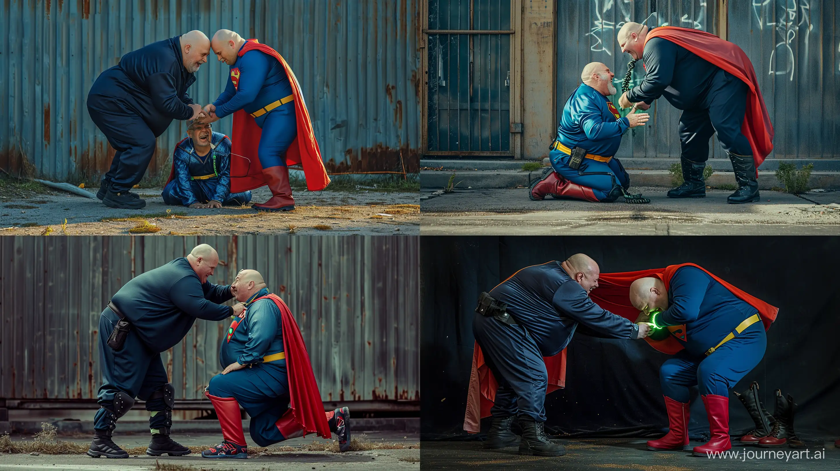 Photo of a happy chubby tall man aged 70 wearing a silky navy tracksuit and black tactical boots, bending over another terrified chubby man aged 70 kneeling on the ground who is wearing a silky blue superman costume with a large red cape, red boots, blue shirt, blue pants, yellow belt and red trunks and tightening a small glowing green metal short metal necklace on his neck. Outside. Bald. Clean Shaven. --style raw --ar 16:9 --v 6