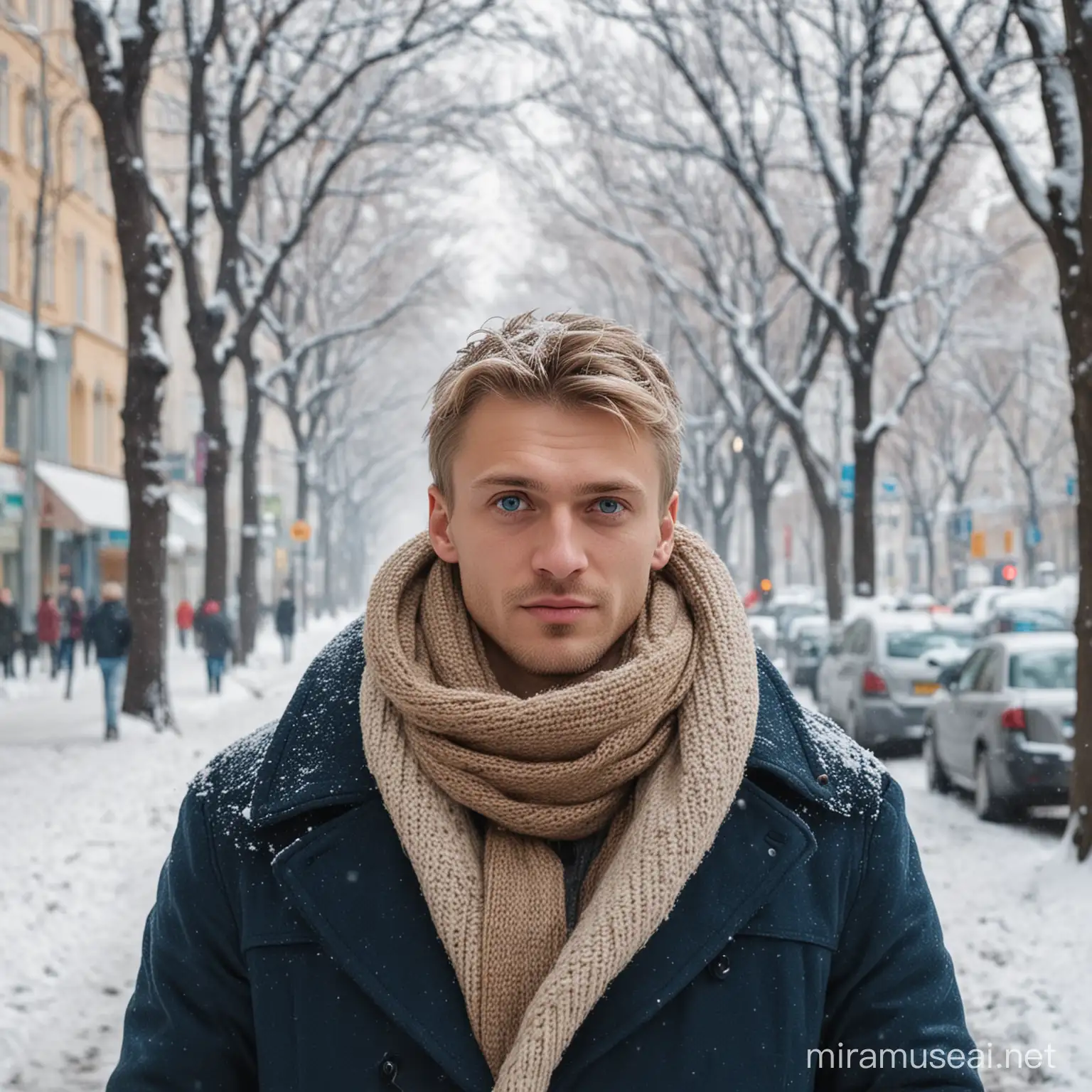 Slavic Man on Moscow Street in Winter with Snow and Busy Surroundings