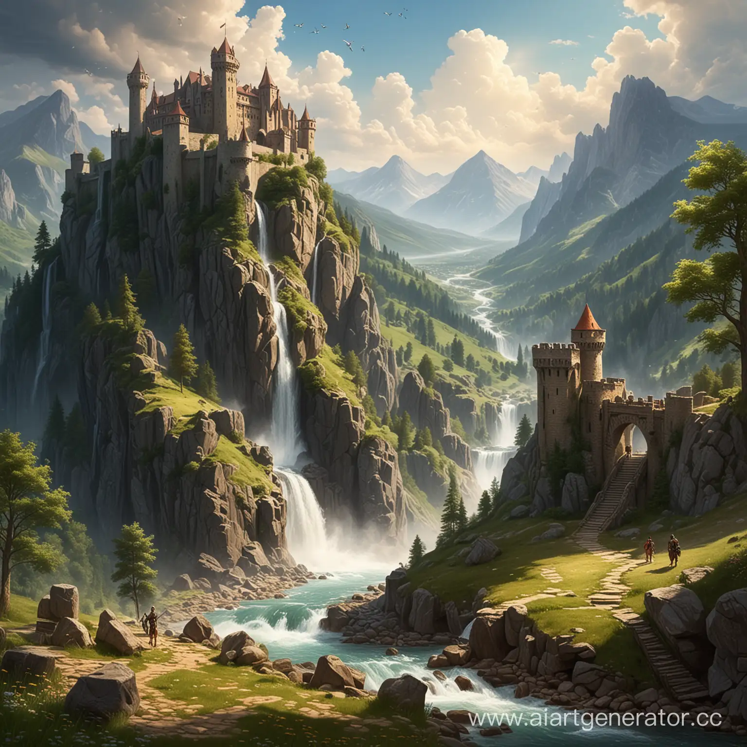 Горы лето на горе стоит замок к замку скачет рыцарь с другой горы стекает водопад. 
