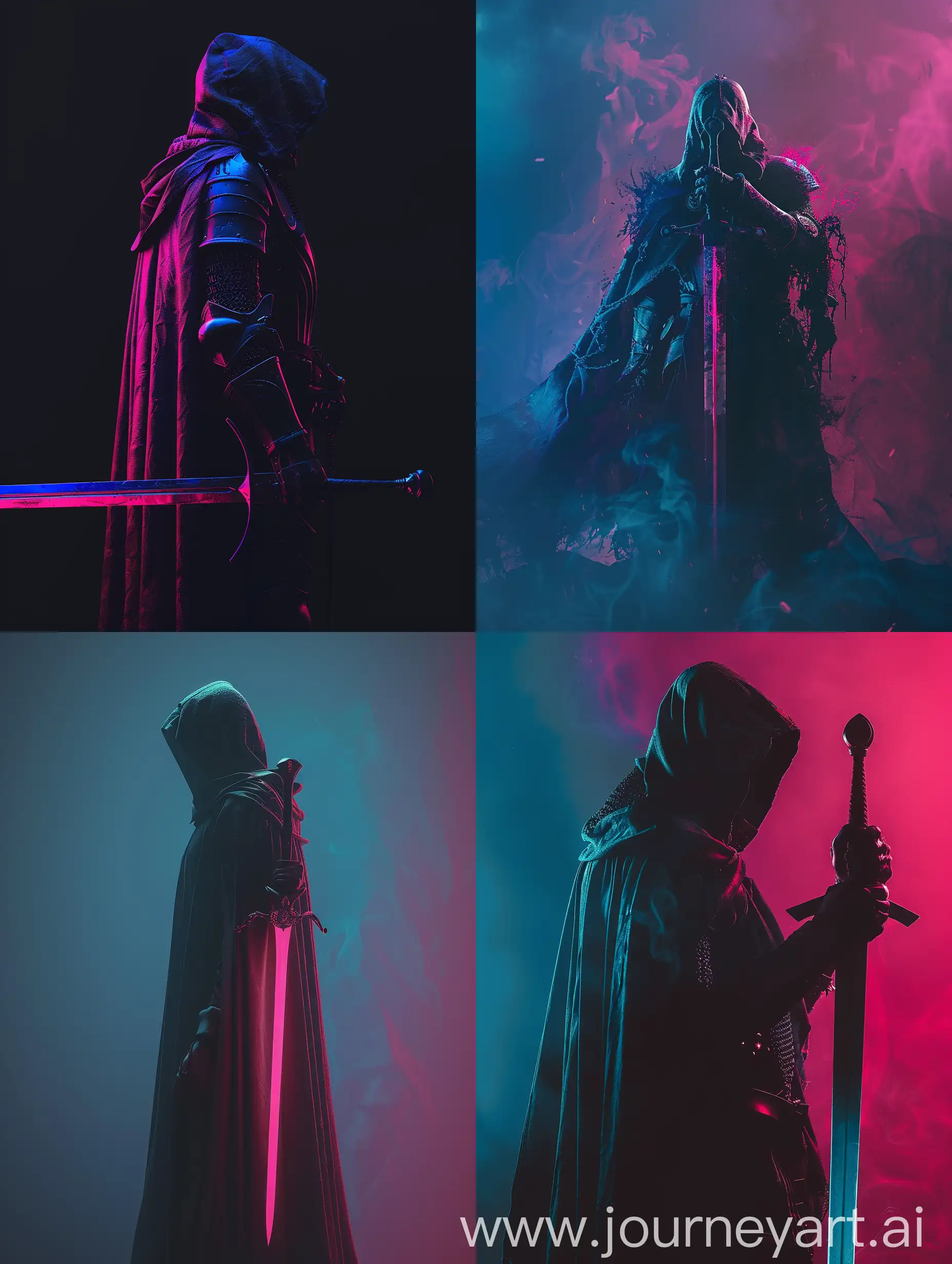 knight mystery, sword, glow in the dark,with subtle pink and blue gradients, shadow, fantasy, ultra quality, ultra detailed, realistic photo.
