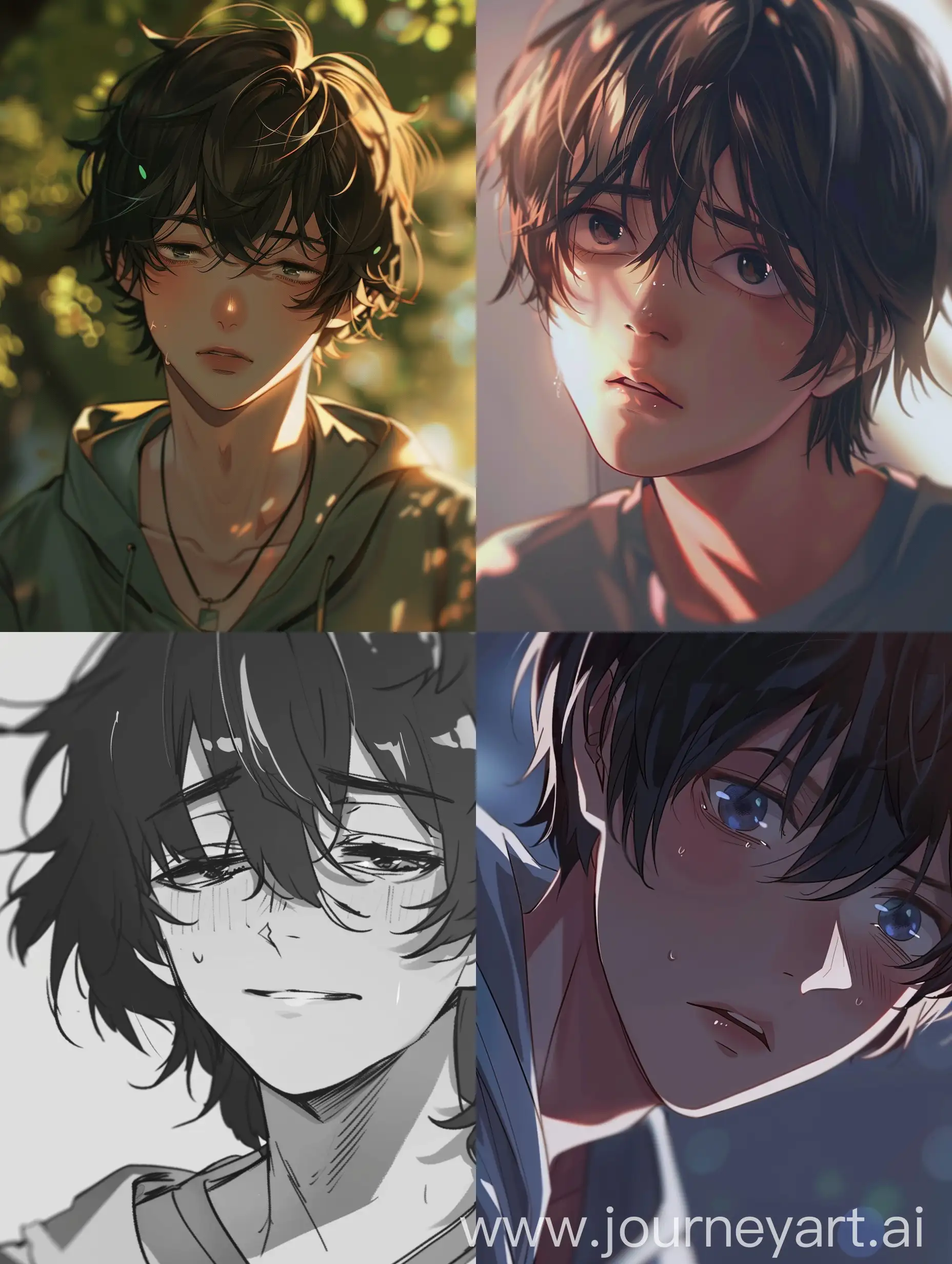 Anime style,character close up,a 15 year old boy chill but lost in thinking,no reaction but a simple smile,dramatic.