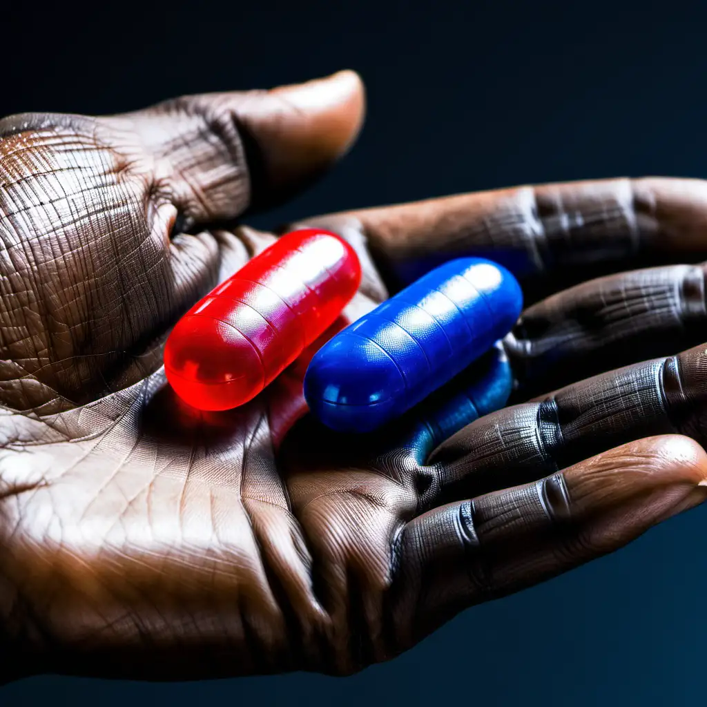 Decision Dilemma Red Pill and Blue Pill in a Hand