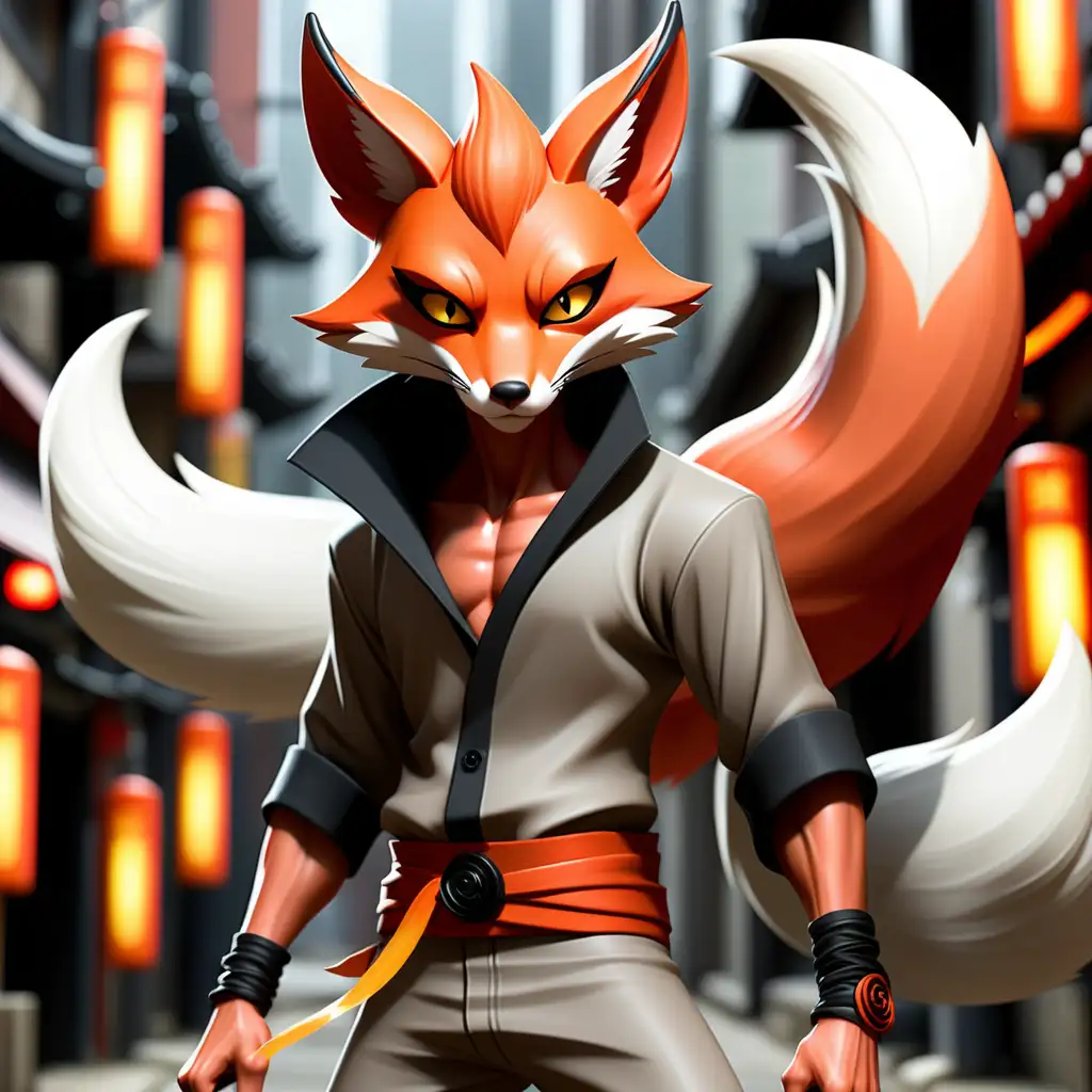has fox-like ears and a slender, nimble physique. Dressed in stealthy urban garb adorned with kitsune symbols, his eyes shimmer with mischievous intent. wields twin fox-shaped daggers.
