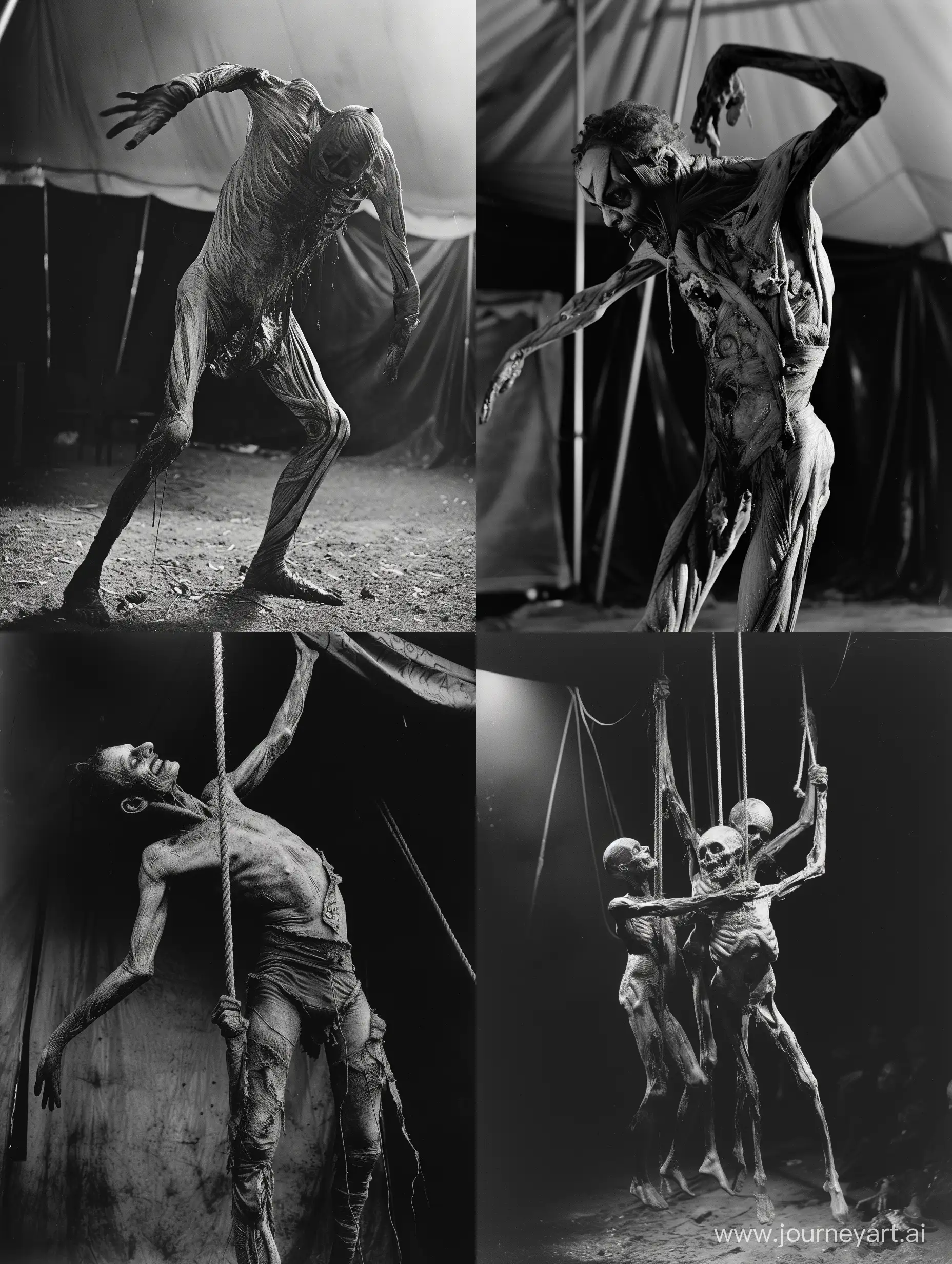 Grotesque-Body-Horror-Circus-Performers-in-Nightmarish-Monochrome-Spectacle
