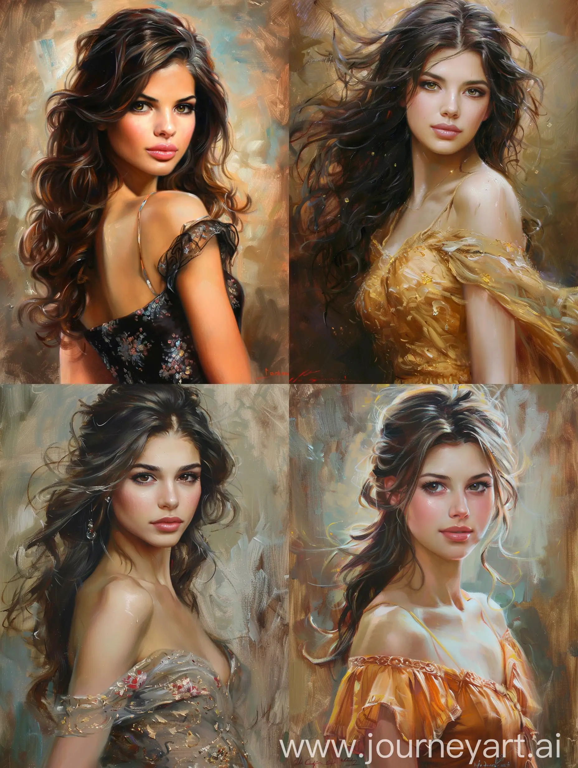 Beautiful woman, oil painting, flowing hair, elegant dress, mesmerizing eyes, high quality, realistic, warm tones, soft lighting.