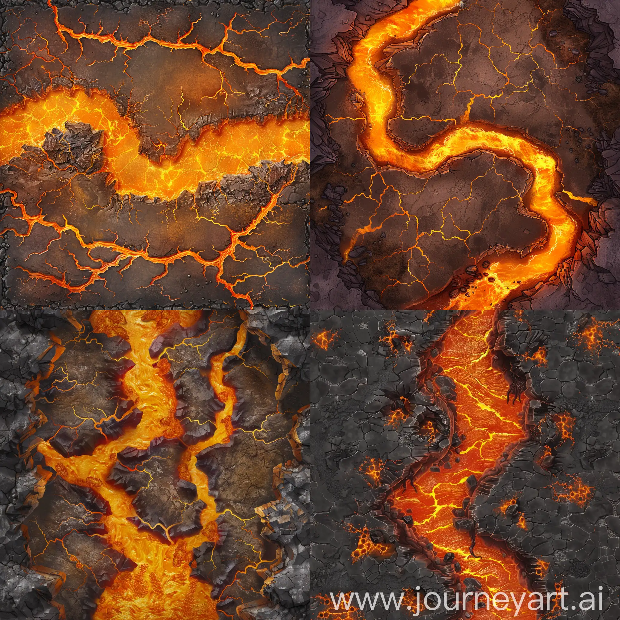 2D top-centered bird's-eye view RPG fantasy battlemap of a river of lava on a molten rock ground