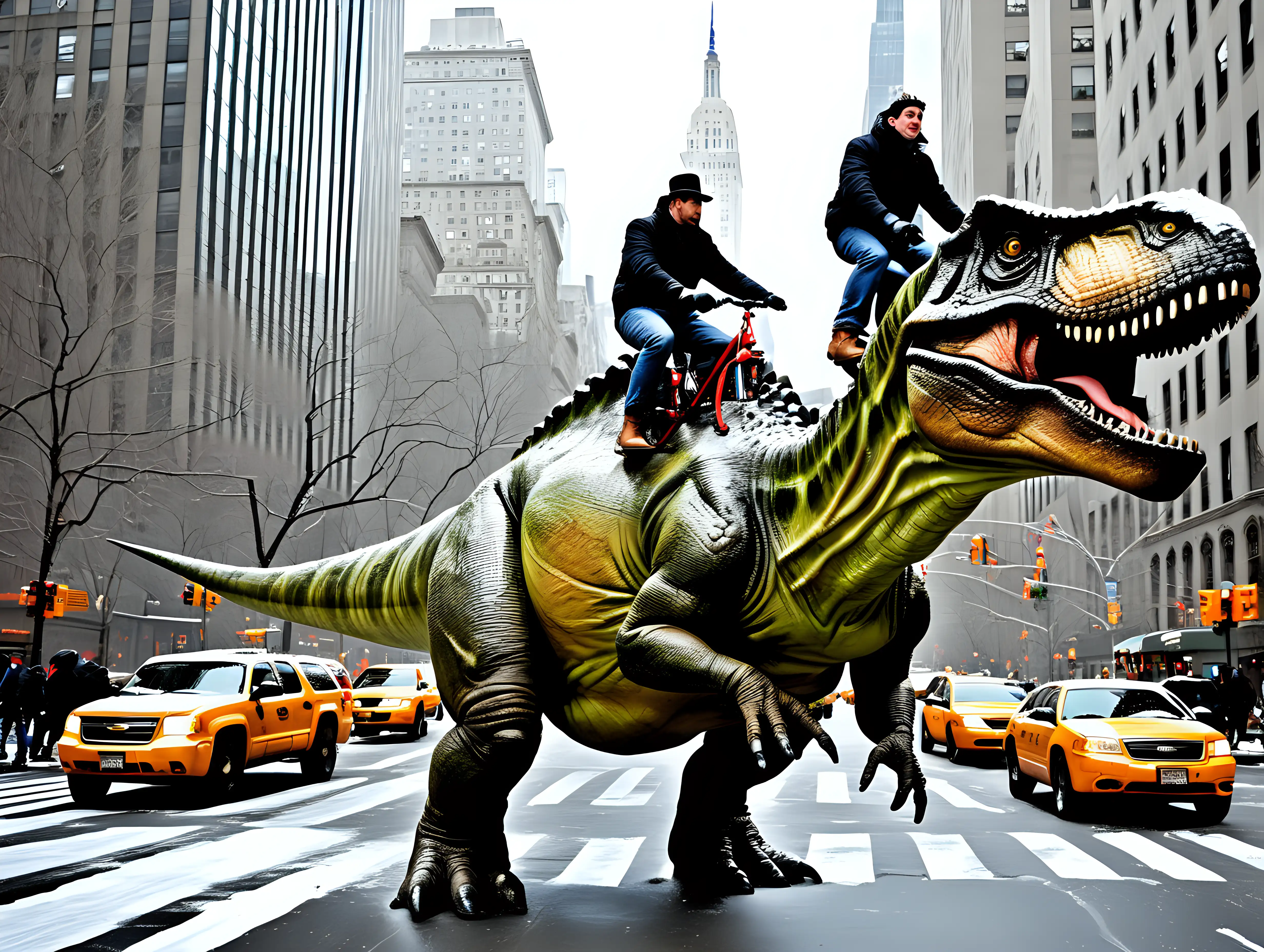 men riding dinosaurs on 5th avenue NYC in winter