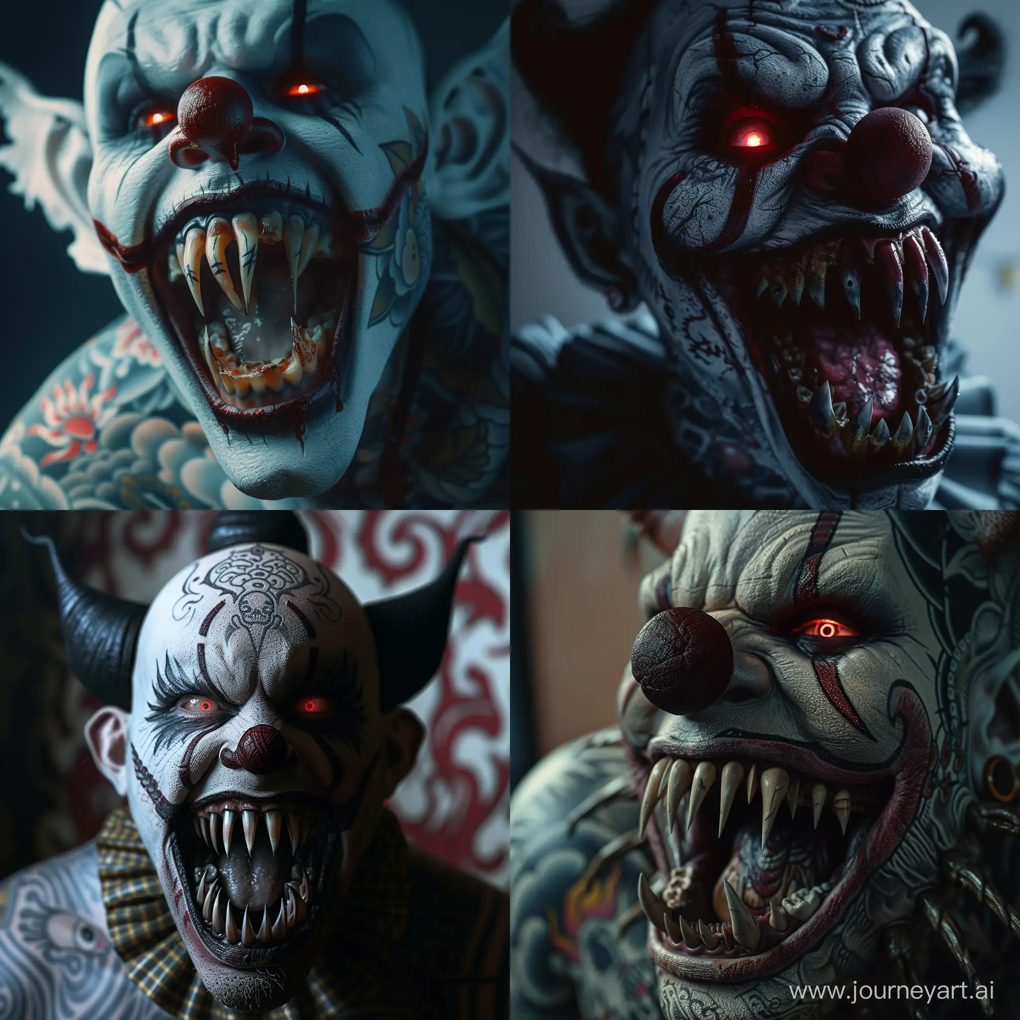 Close up tattooed clown with sharp weird teeth. In dark gothic environment. opens his mouth and his eyes glowing red. grotesque style realistic image