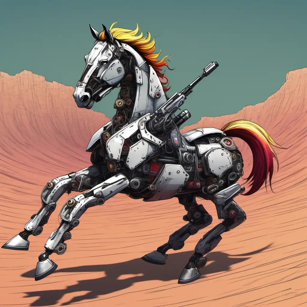 Vibrant Robotic Horse Mounts in Cinematic Style