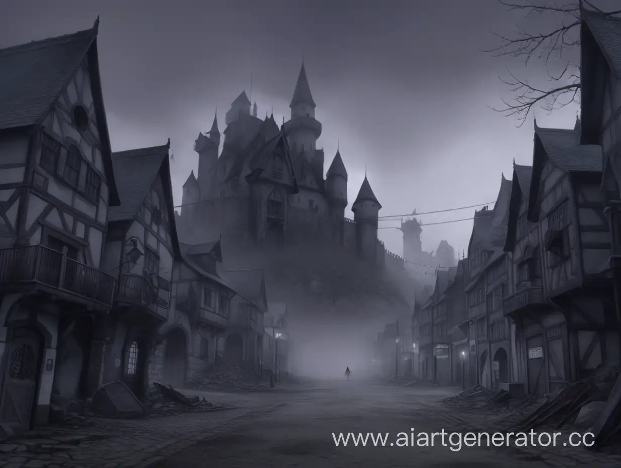 anime, background, destroyed town, eerie atmosphere, foggy, no humans, visual novel, castle, dark fantasy