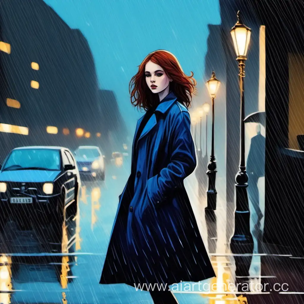 Девушка со светлой кожей,  каштановыми волосами, в синим платье и чёрном пальто стоит под дождём