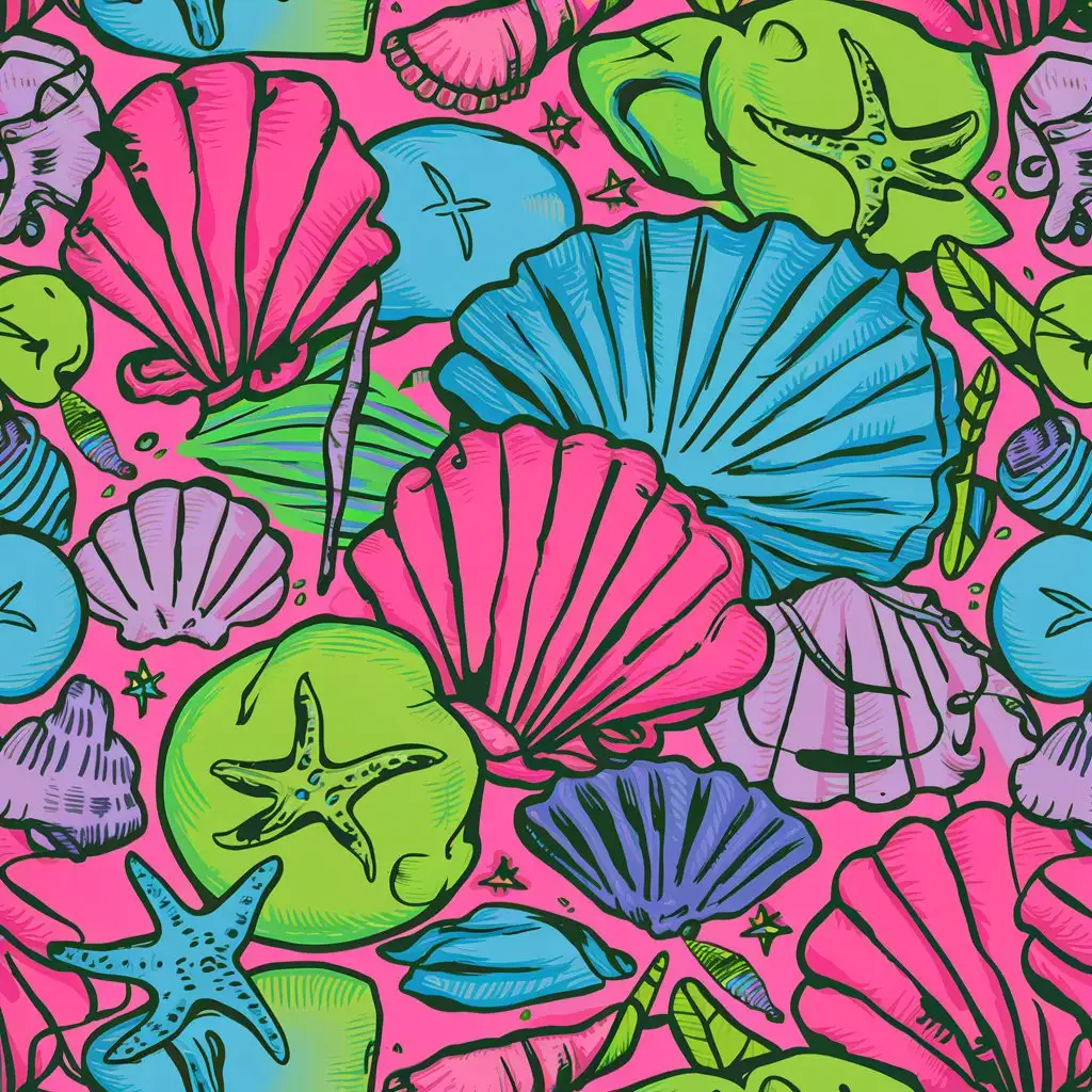 seashell pattern, sand dollar, starfish, scallop shells, neon colors, lily pulitzer style illustration
