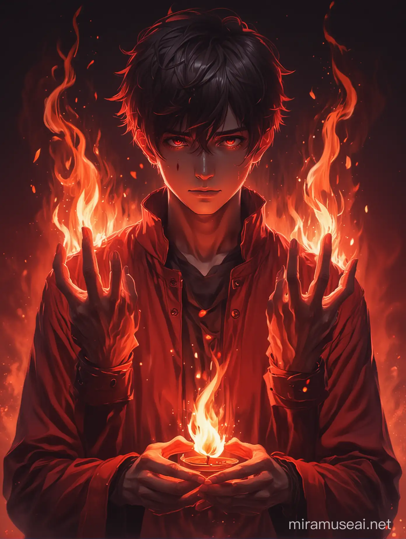 Enigmatic guy Anime Character Evoking Dark Love and Manipulation in Red Hues holding mini fire with both hands.  