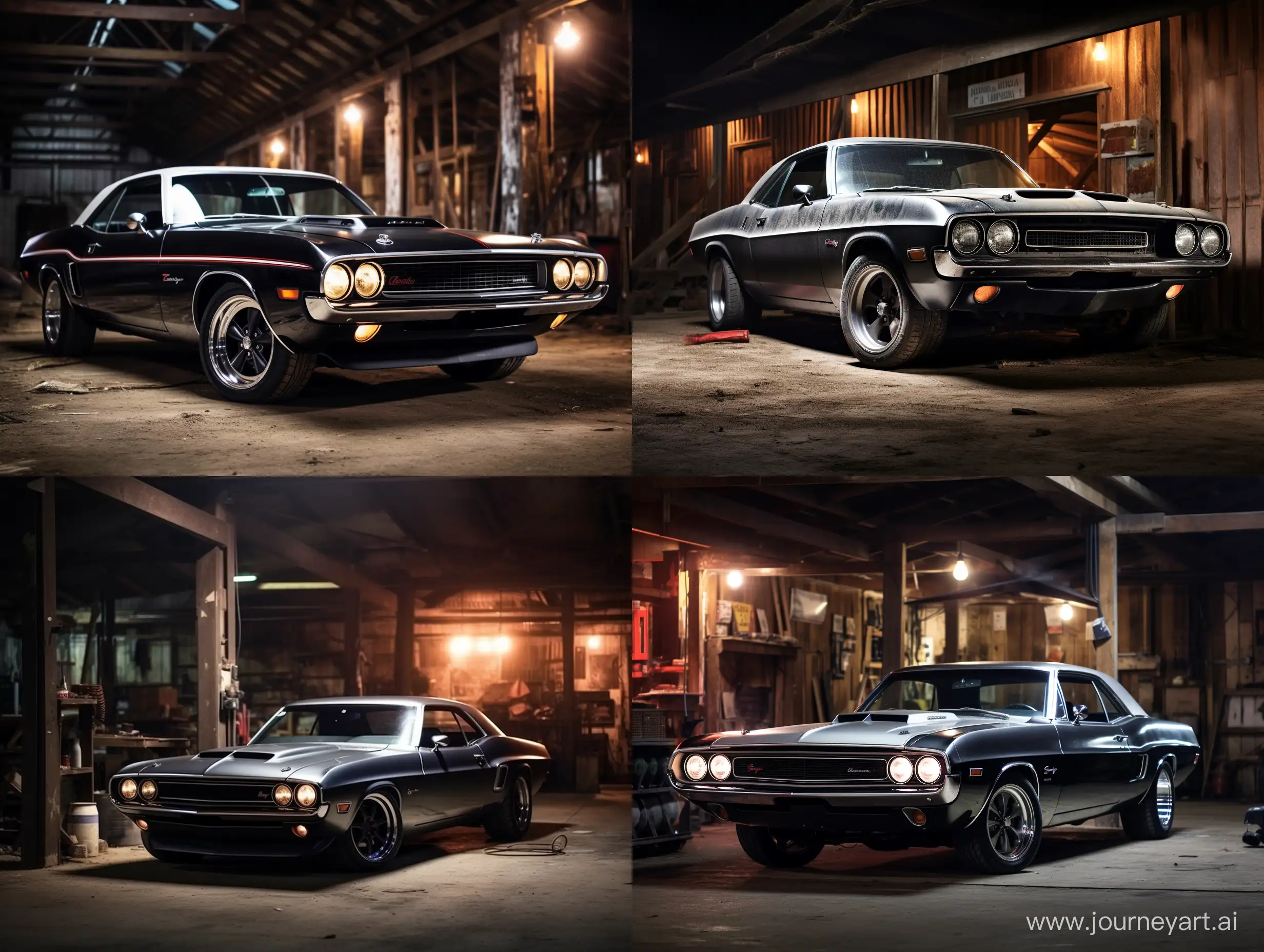old Dodge Challenger car standing sideways in dark garage, nice image for album cover
